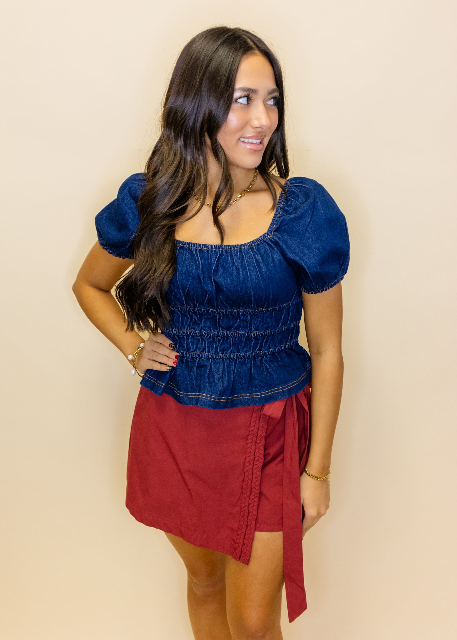 Denim Smocked Crop Peplum Top