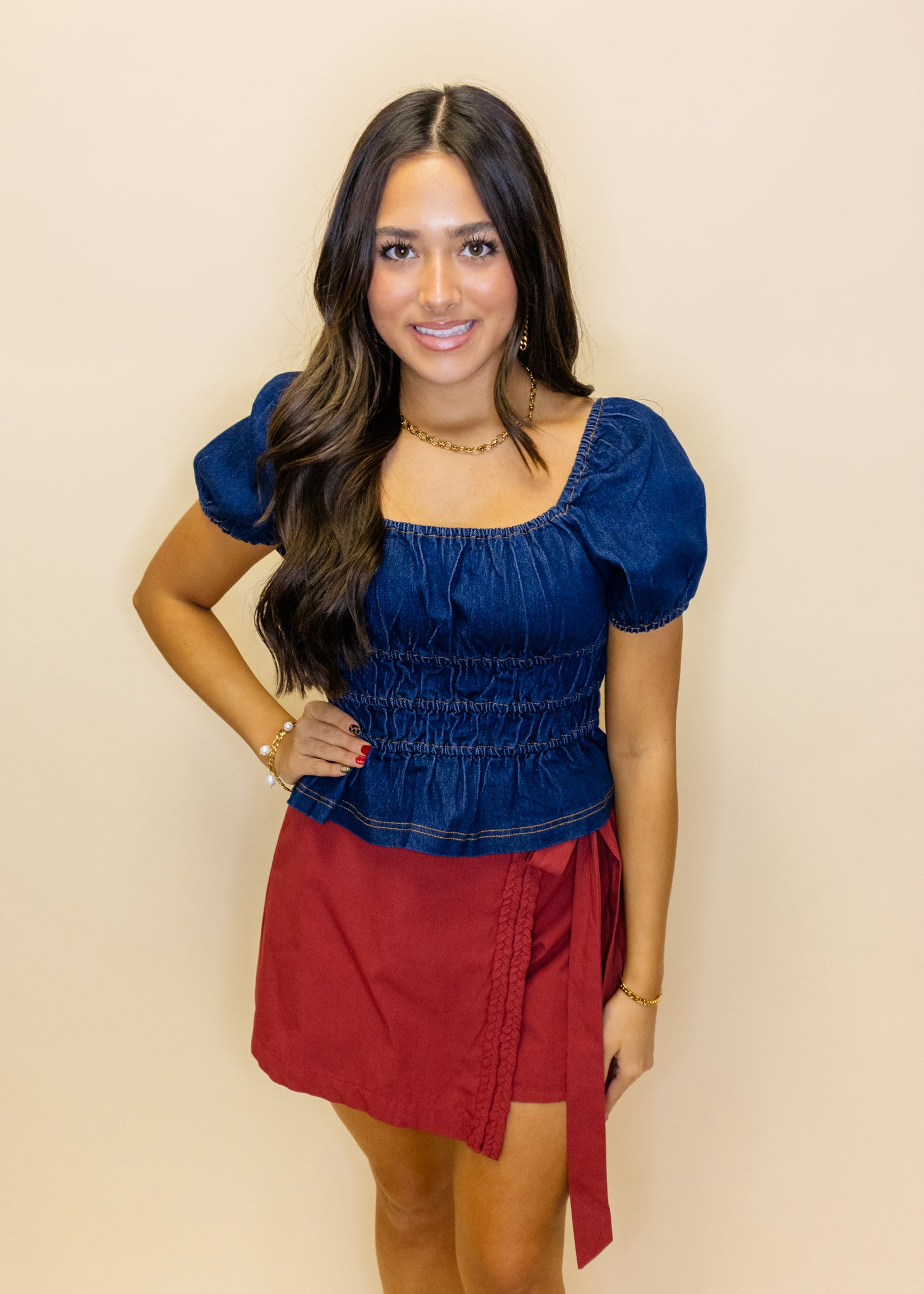 Denim Smocked Crop Peplum Top