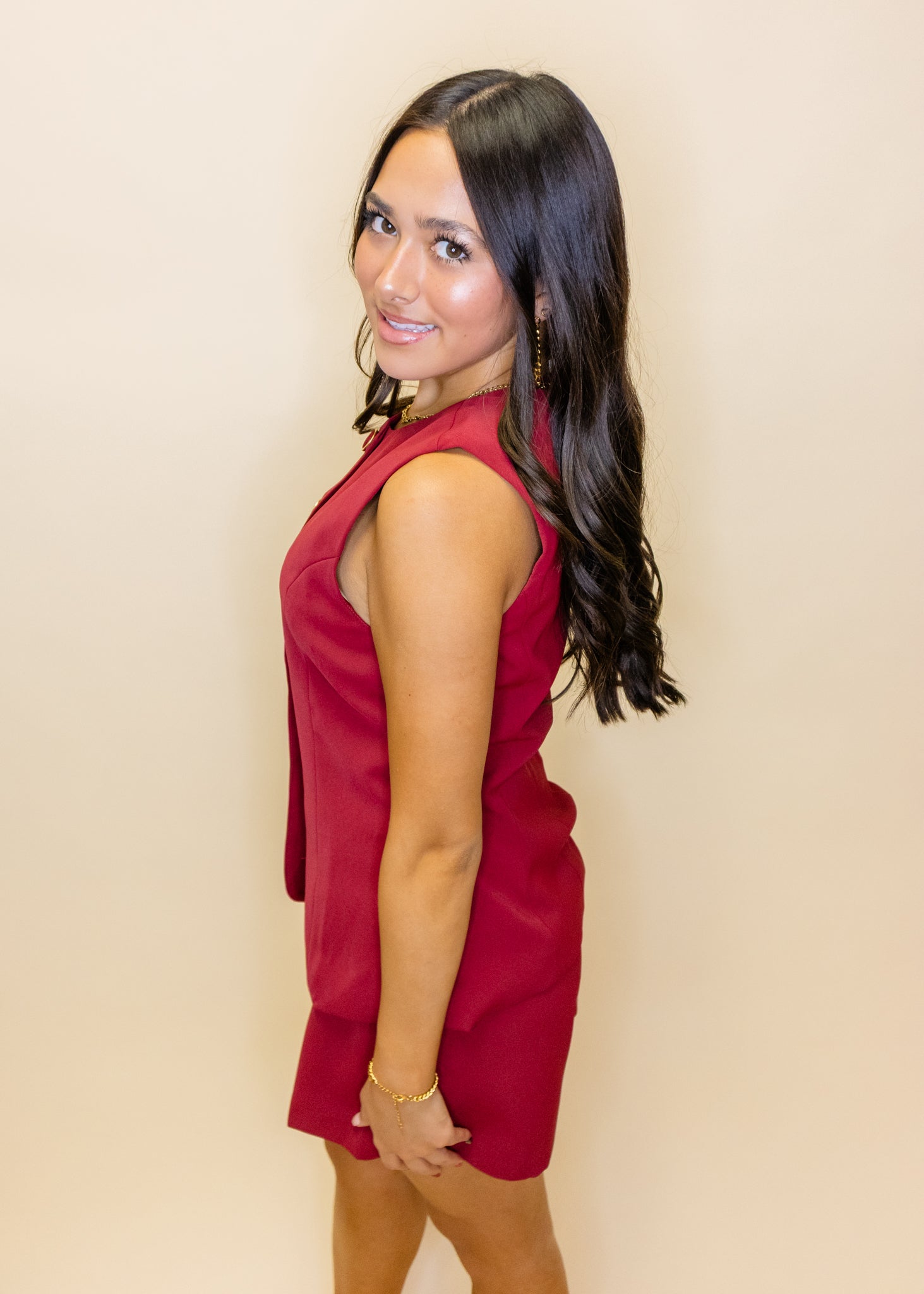 Maroon Vest Button Detail Romper