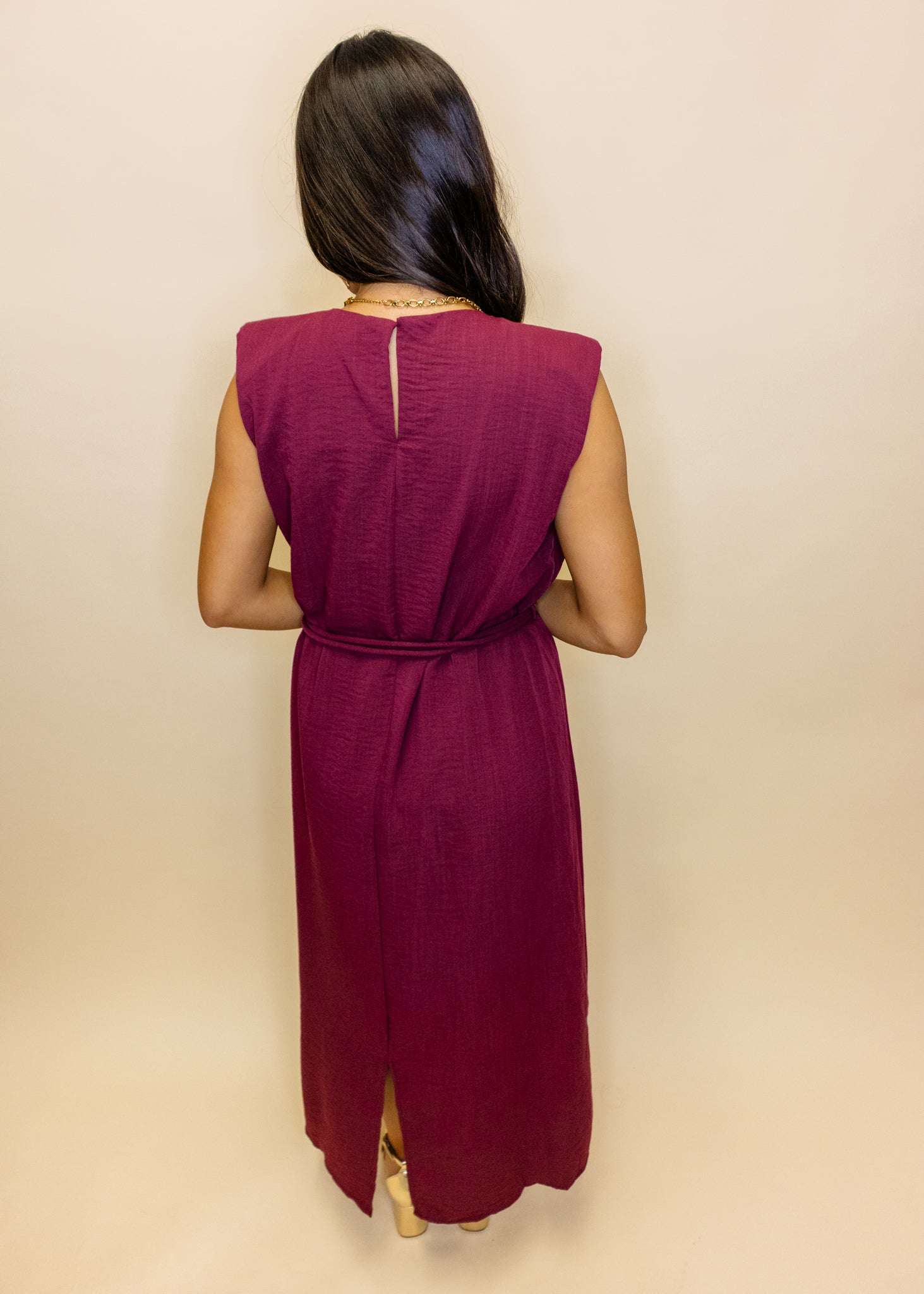 Maroon Solid Belted Midi Dress