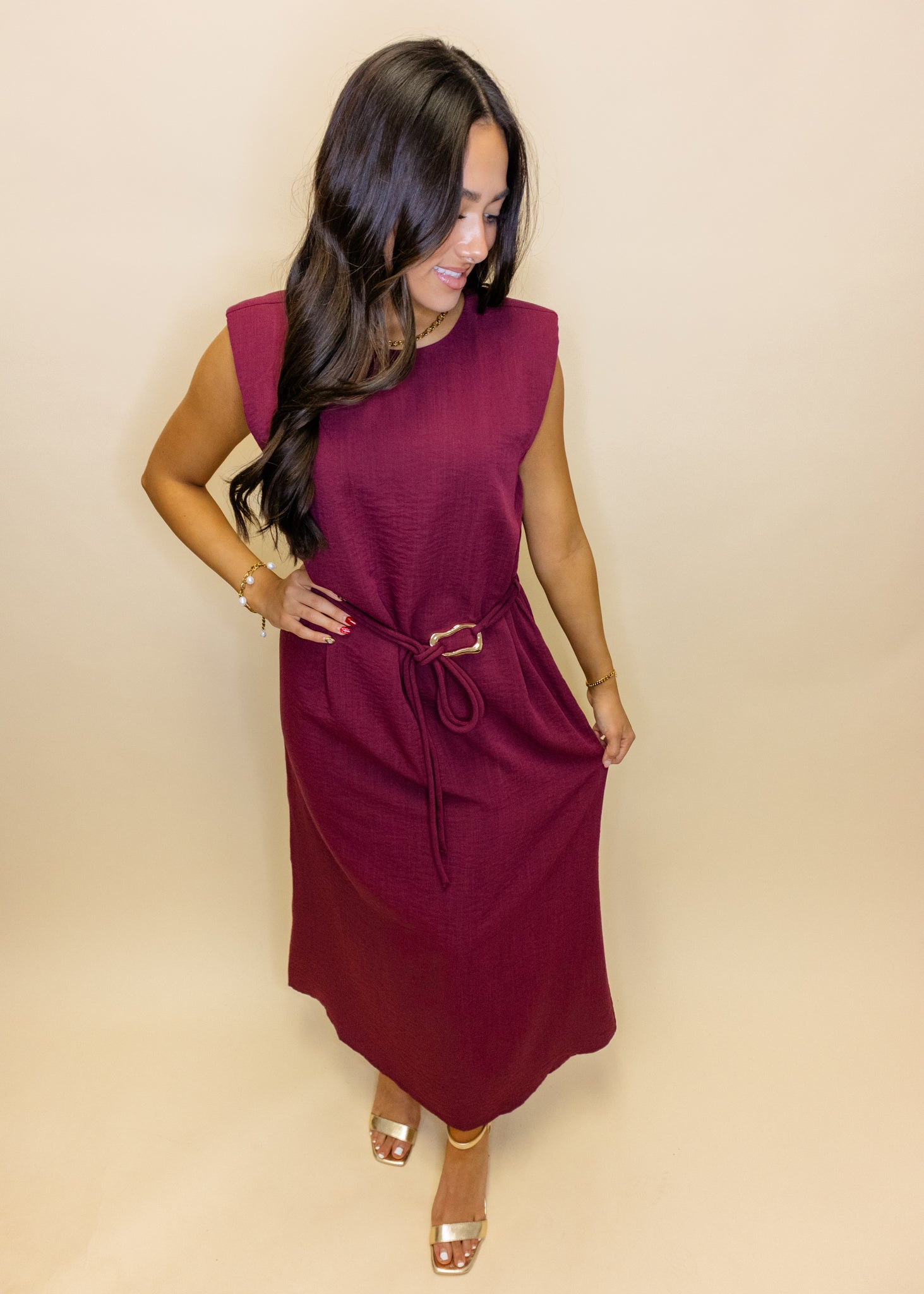 Maroon Solid Belted Midi Dress