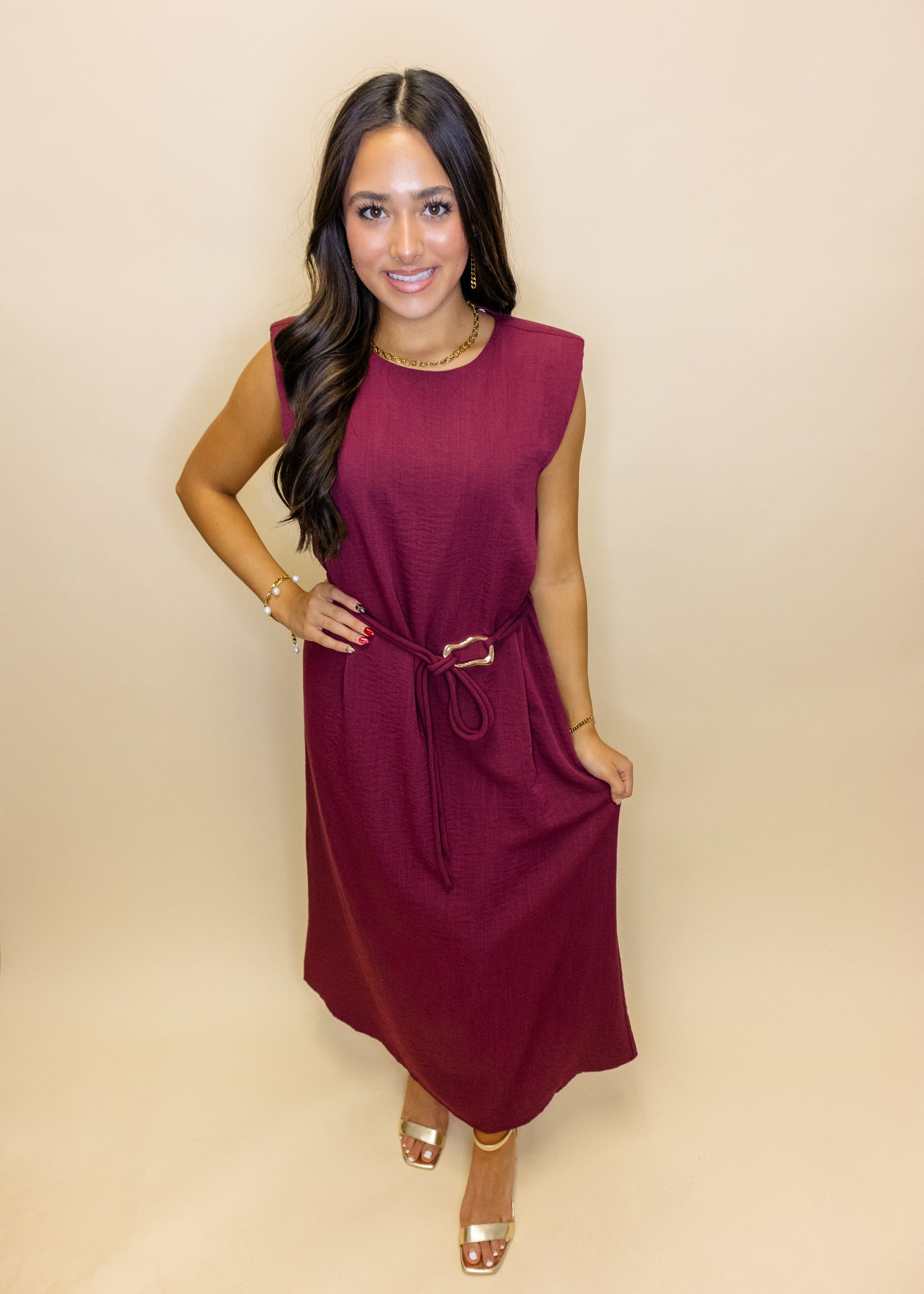 Maroon Solid Belted Midi Dress