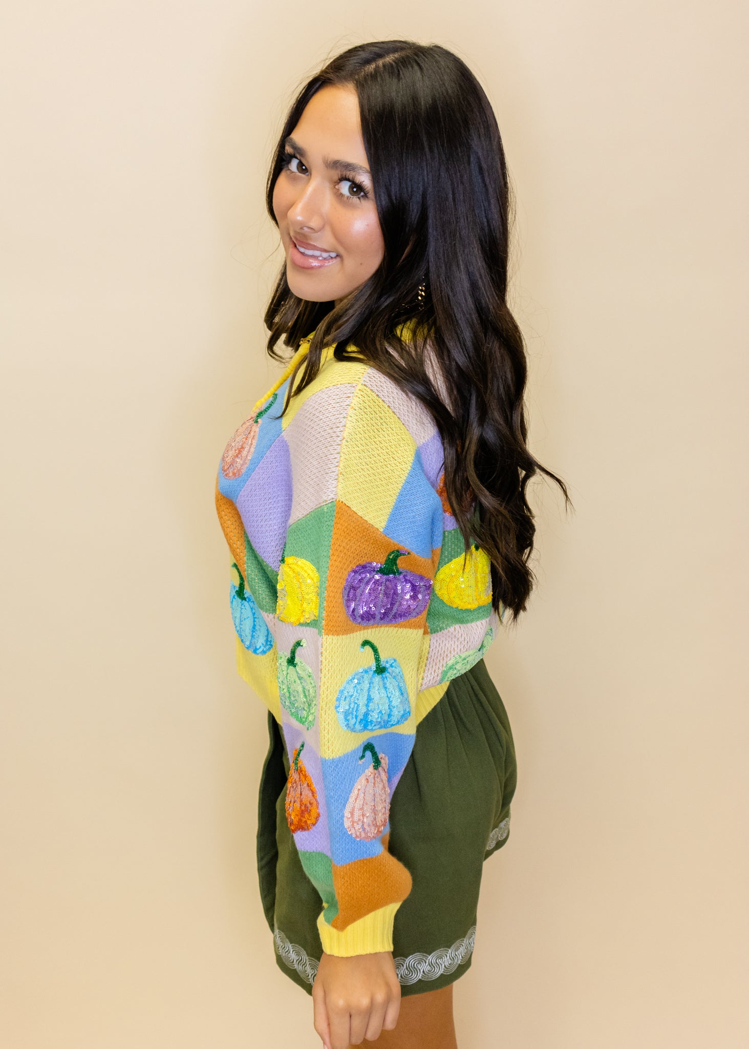 Pastel Color Block Pumpkin Button Up Cardigan