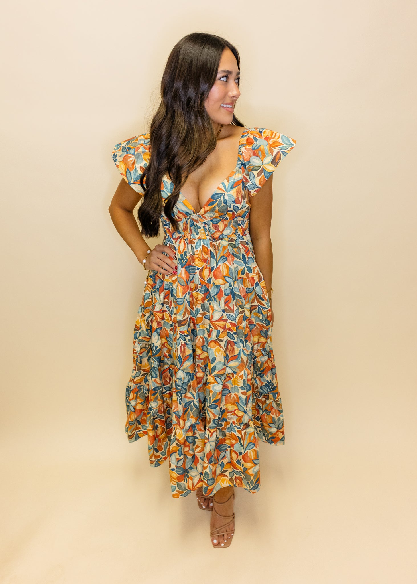 Floral Flutter Sleeve Midi Dress
