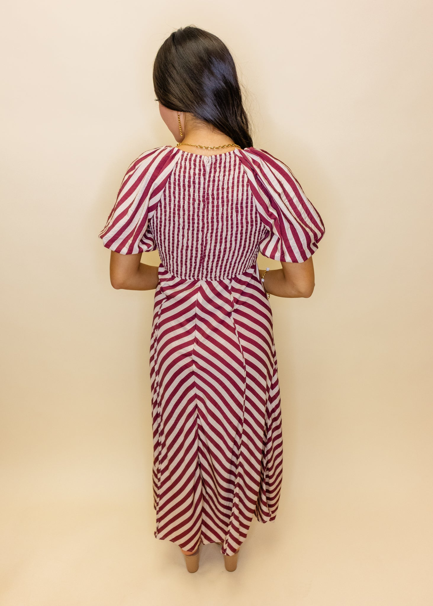 Burgundy Striped V-Neck Midi Dress