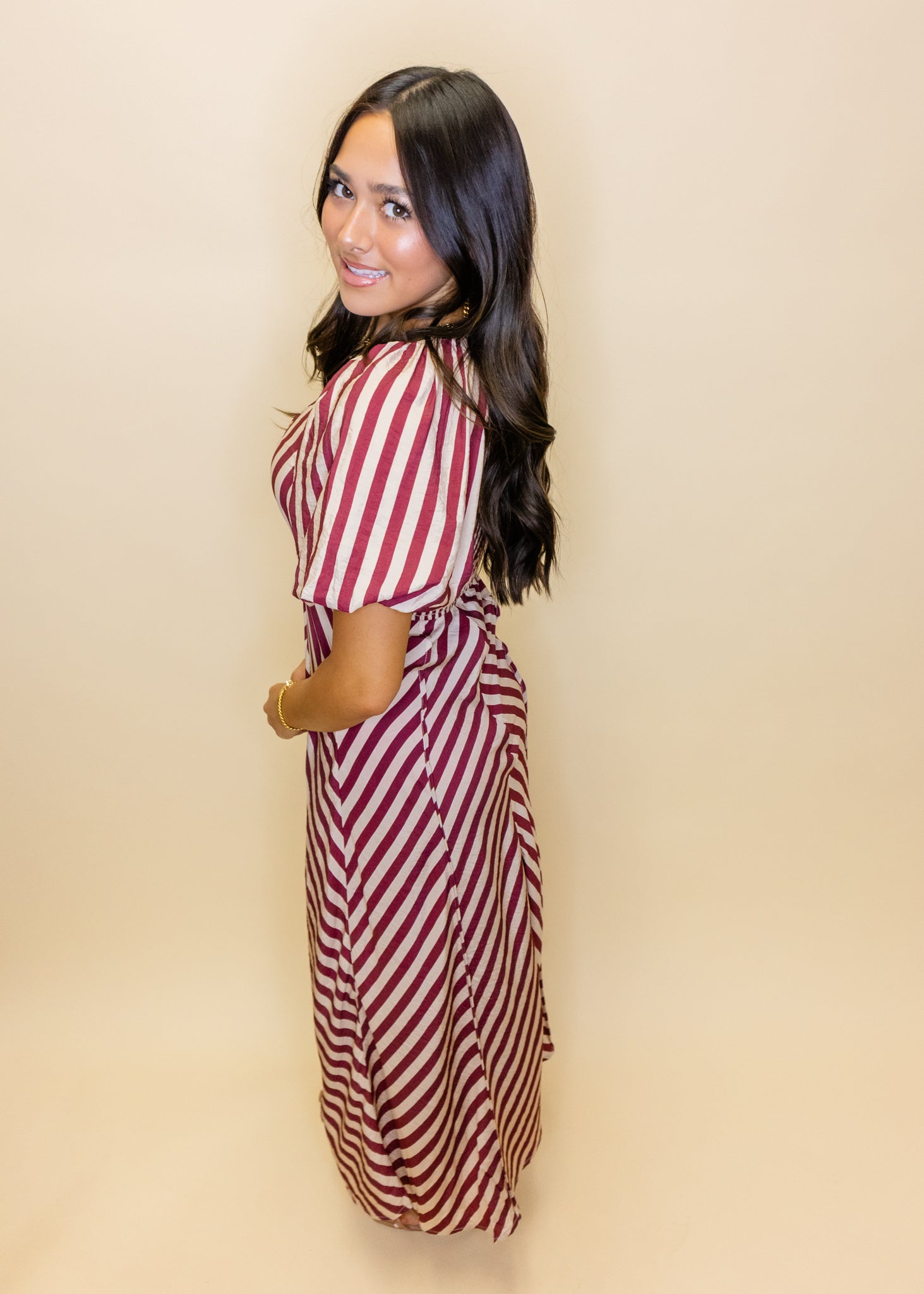 Burgundy Striped V-Neck Midi Dress