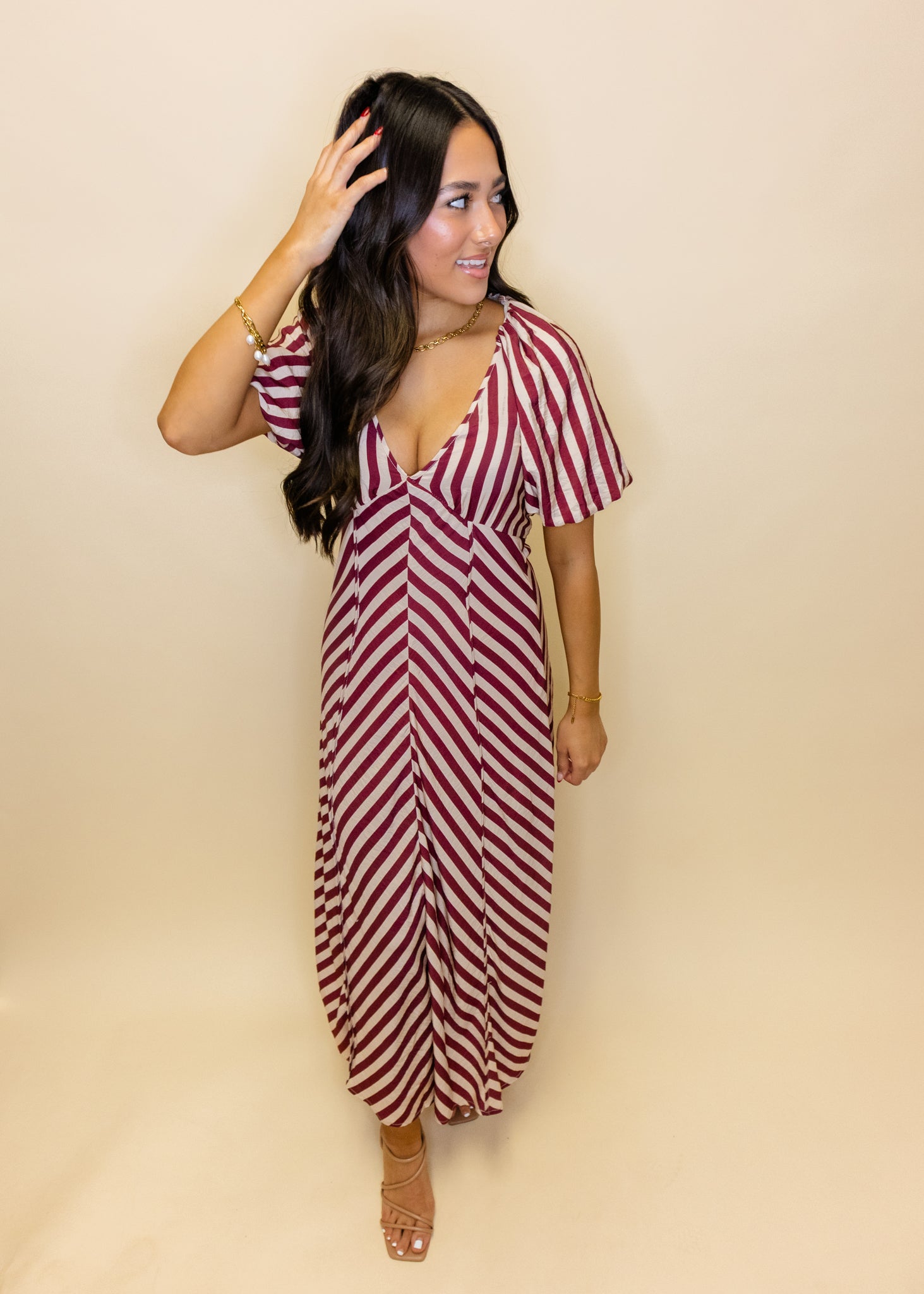 Burgundy Striped V-Neck Midi Dress