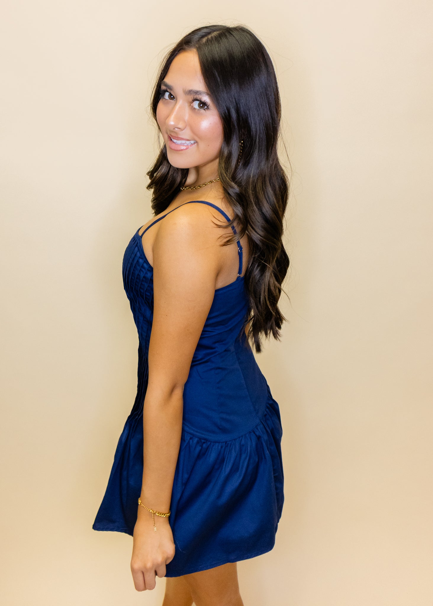 Navy Vertical Pleats Fit & Flare Dress