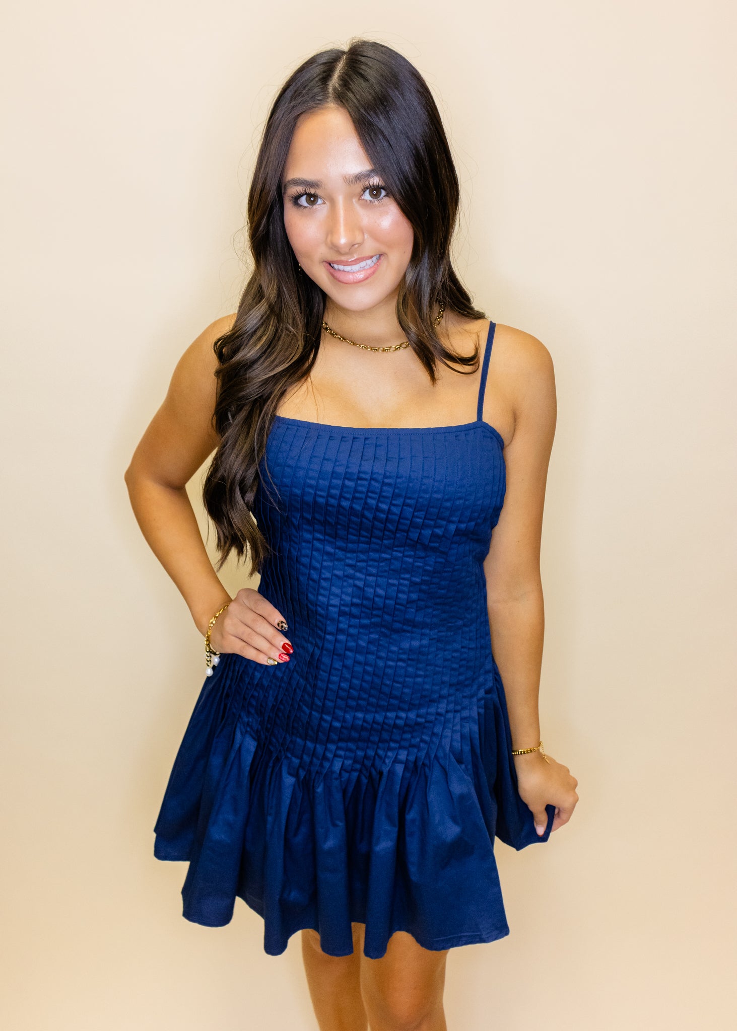 Navy Vertical Pleats Fit & Flare Dress