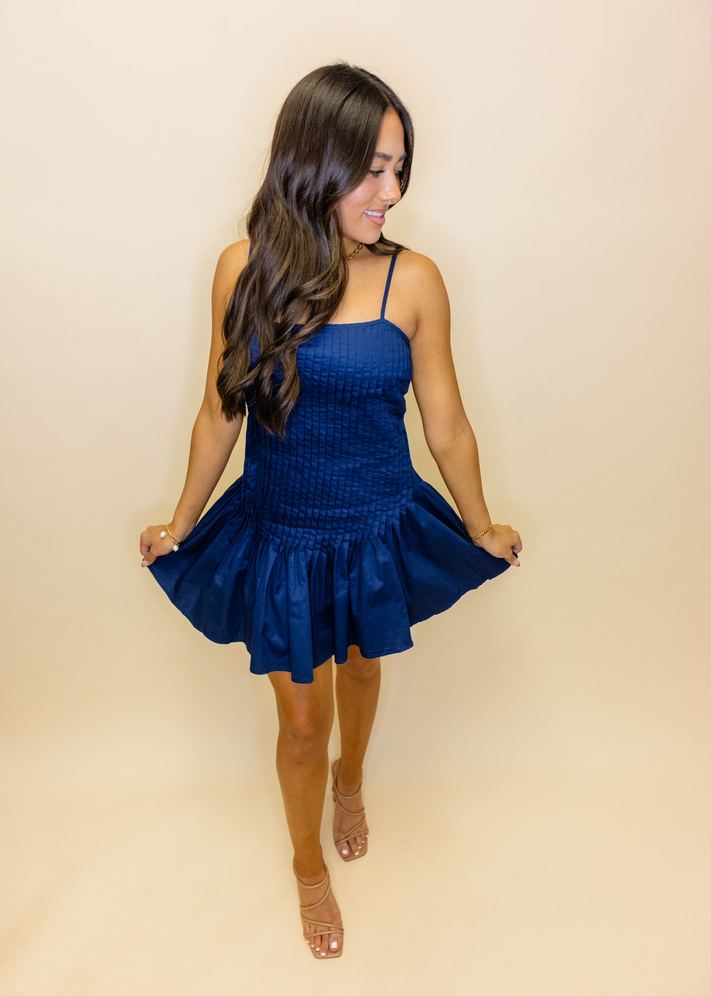 Navy Vertical Pleats Fit & Flare Dress