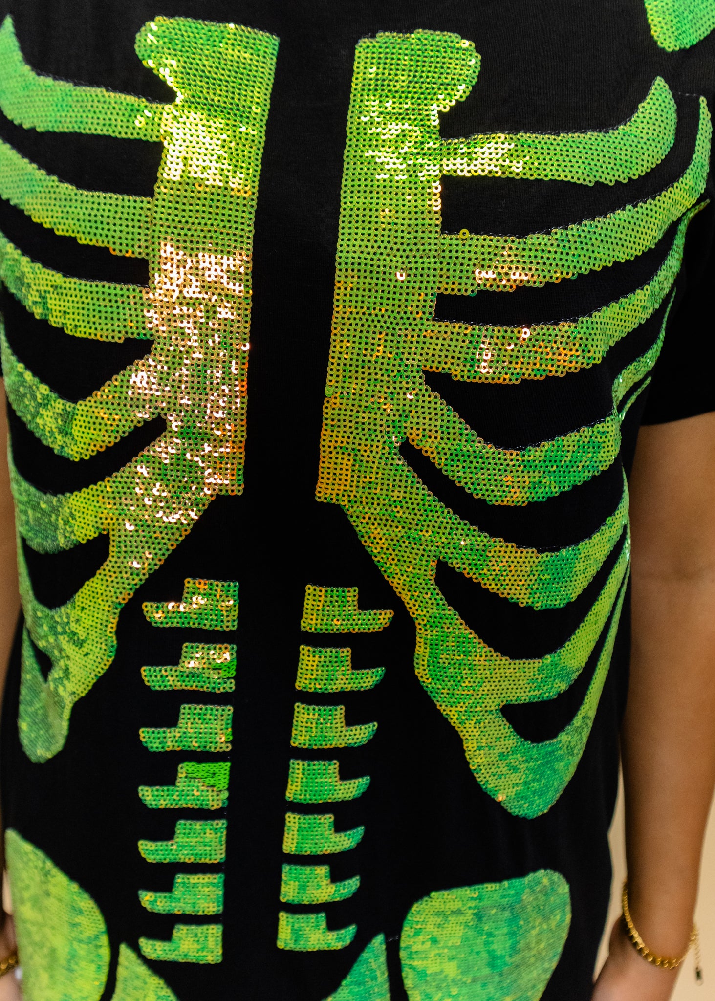 Black & Iridescent Green Skeleton Body Midi Tee Dress