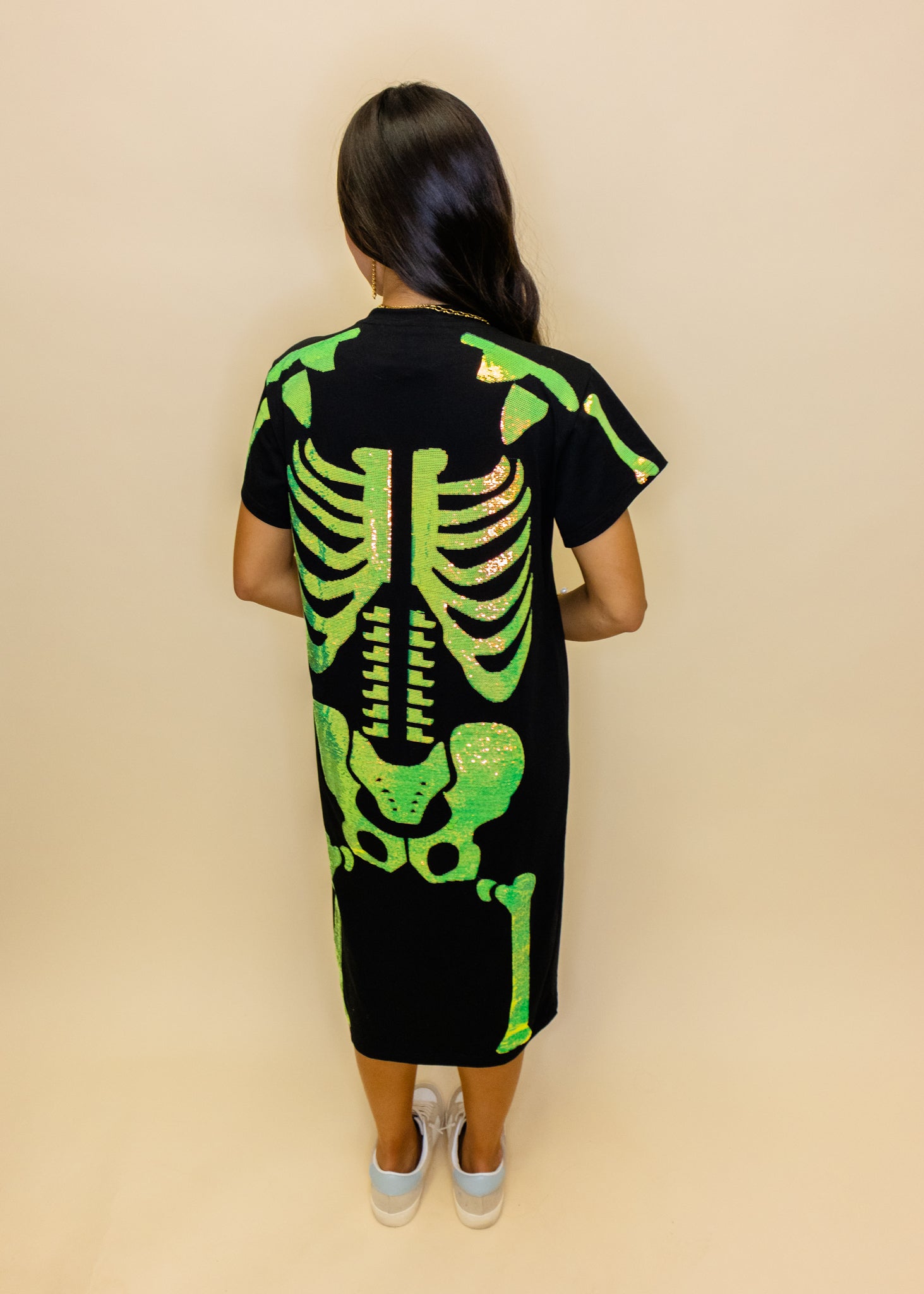 Black & Iridescent Green Skeleton Body Midi Tee Dress