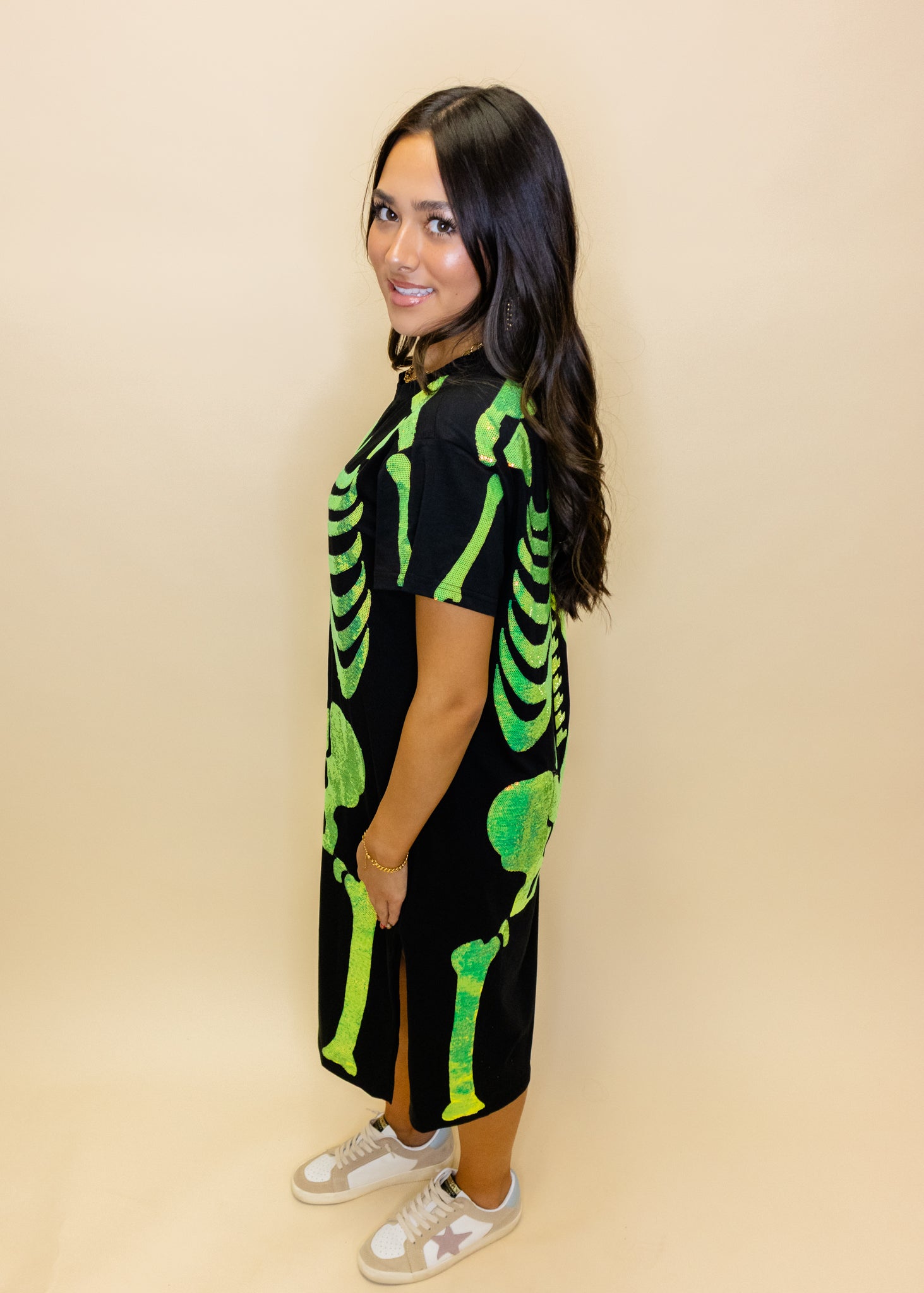 Black & Iridescent Green Skeleton Body Midi Tee Dress