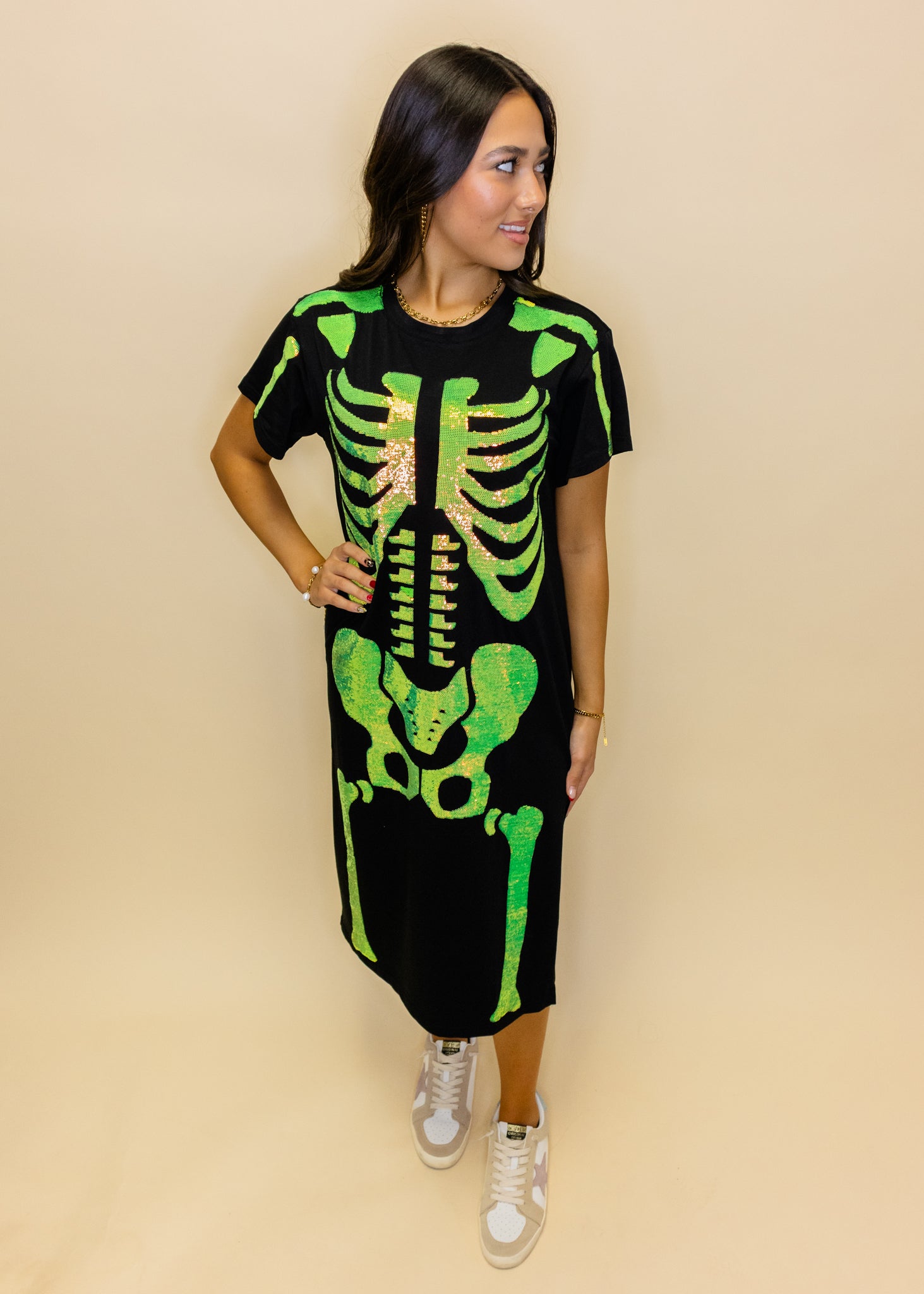 Black & Iridescent Green Skeleton Body Midi Tee Dress