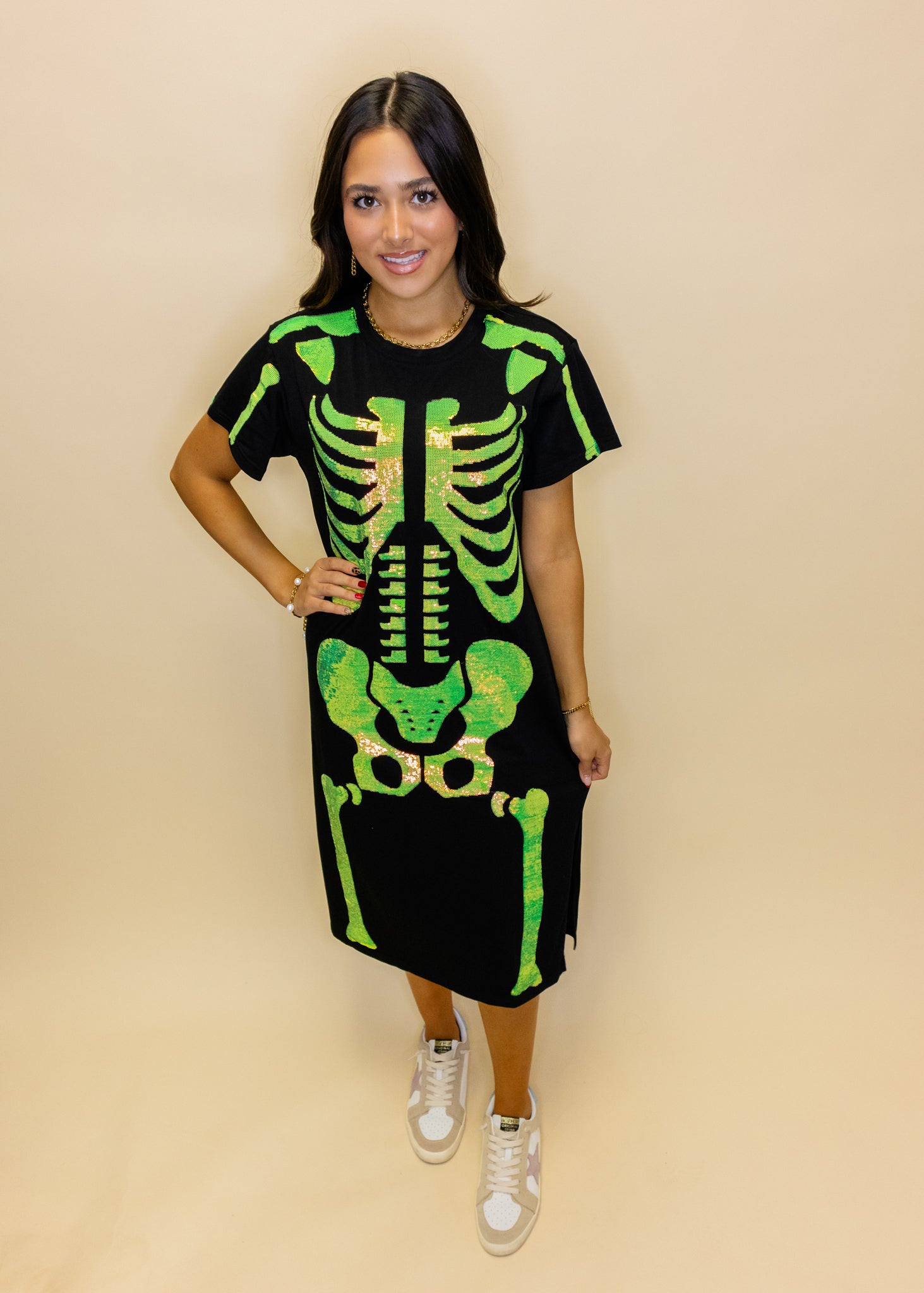 Black & Iridescent Green Skeleton Body Midi Tee Dress
