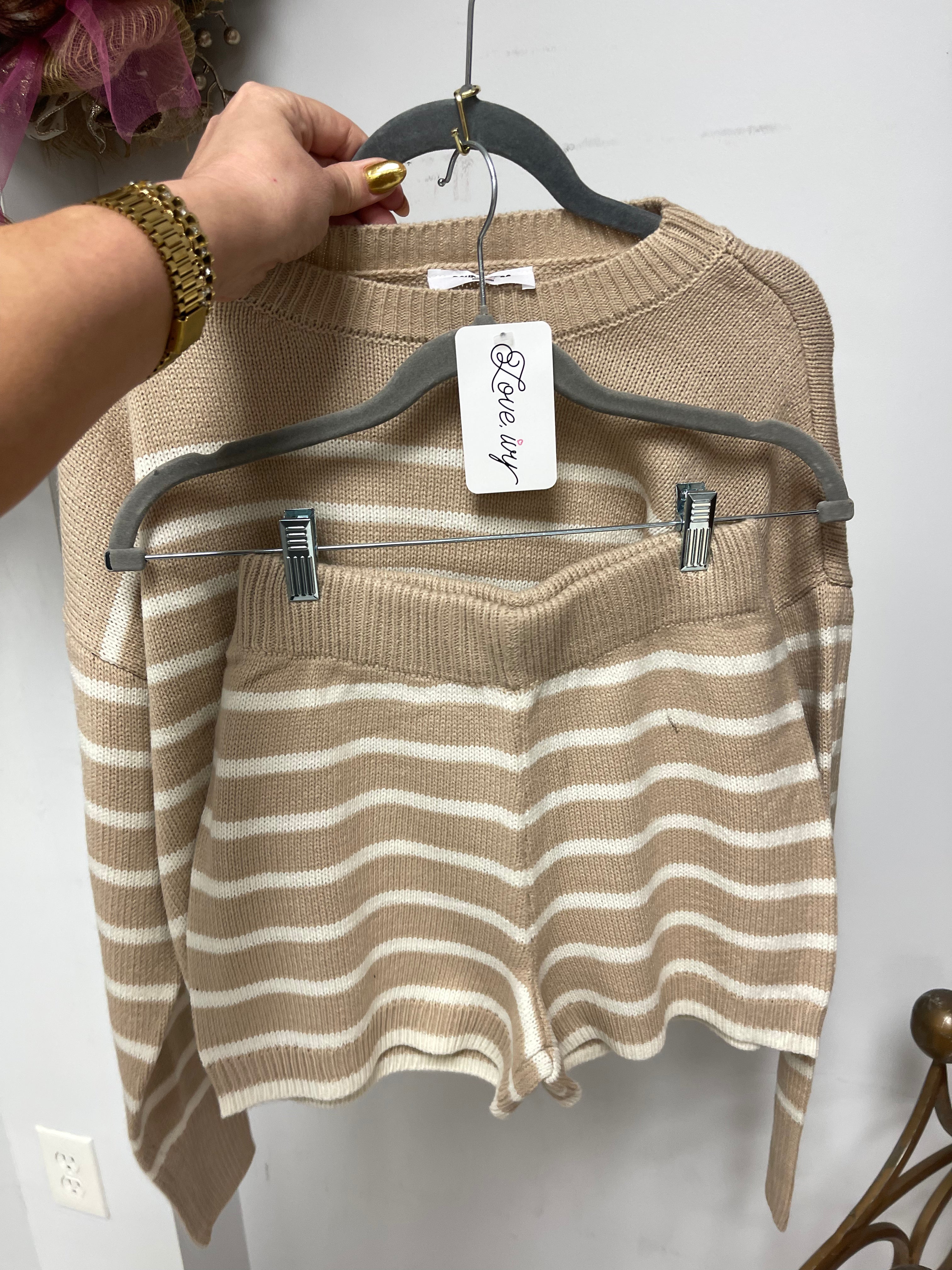 Taupe Stripe Sweater Shorts Set