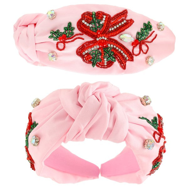 Pink Christmas Bow Beaded Headband