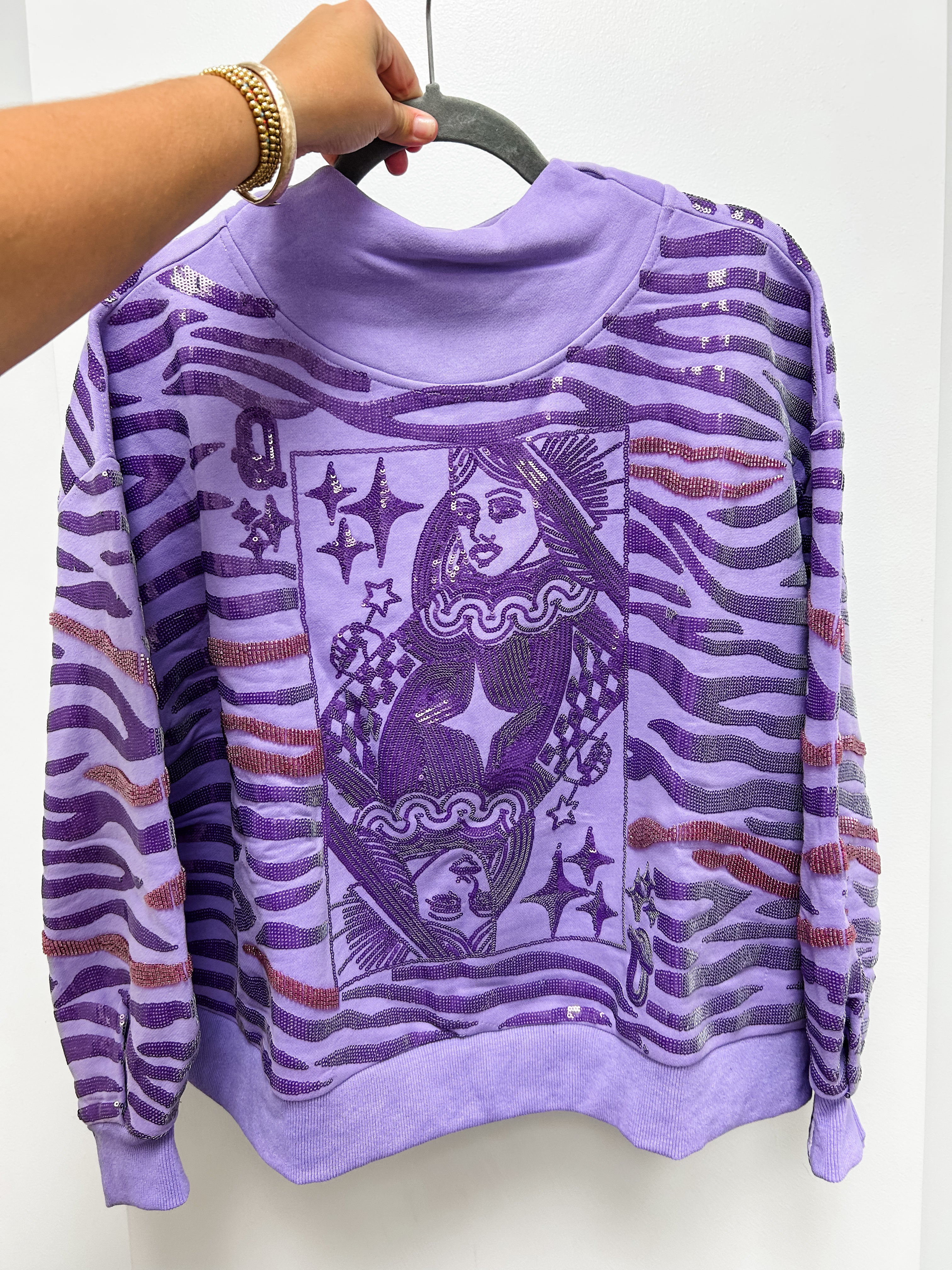 Purple Sequin Tiger Print QOS Card Mock Neck Sweatshirt