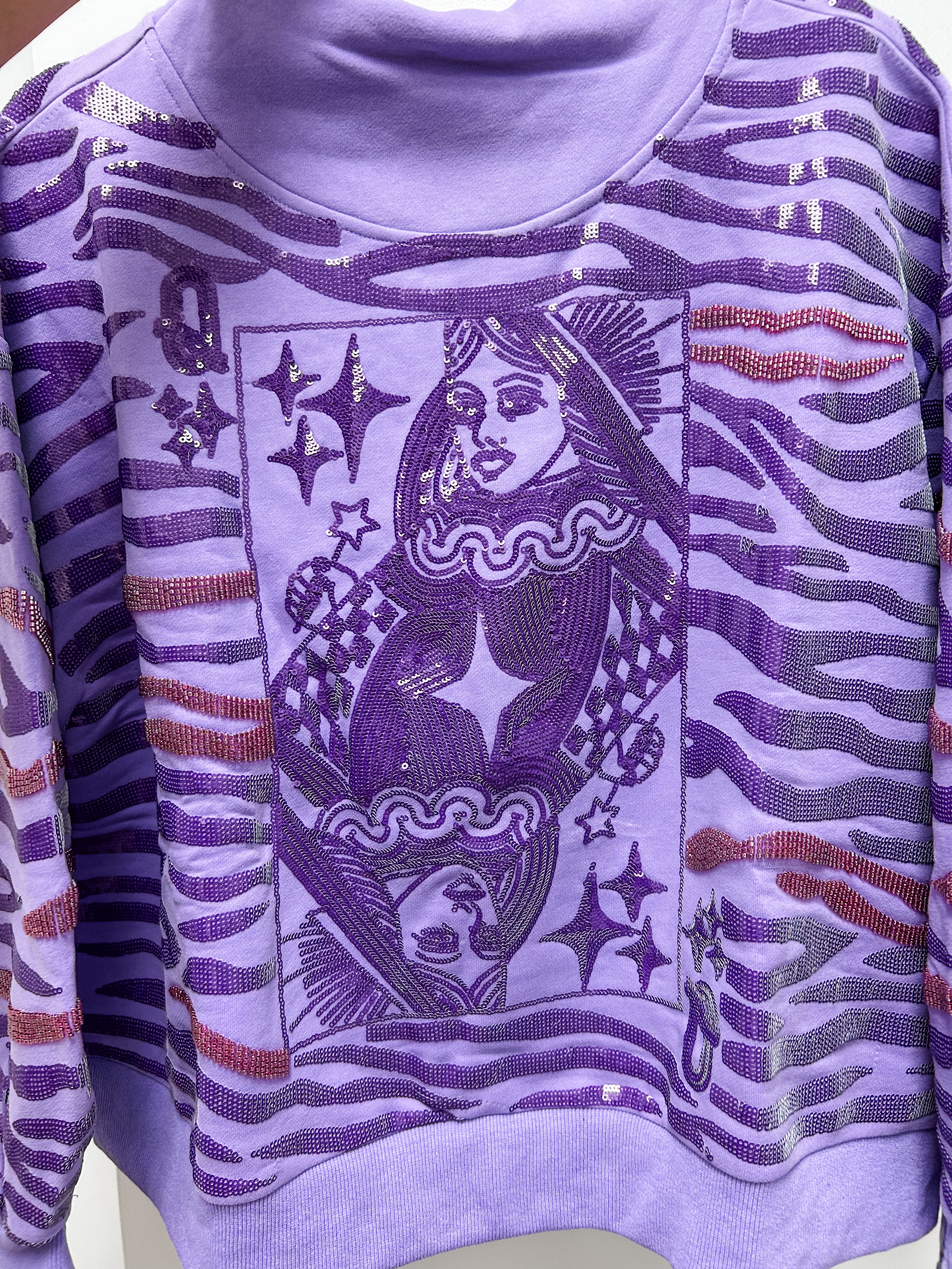 Purple Sequin Tiger Print QOS Card Mock Neck Sweatshirt