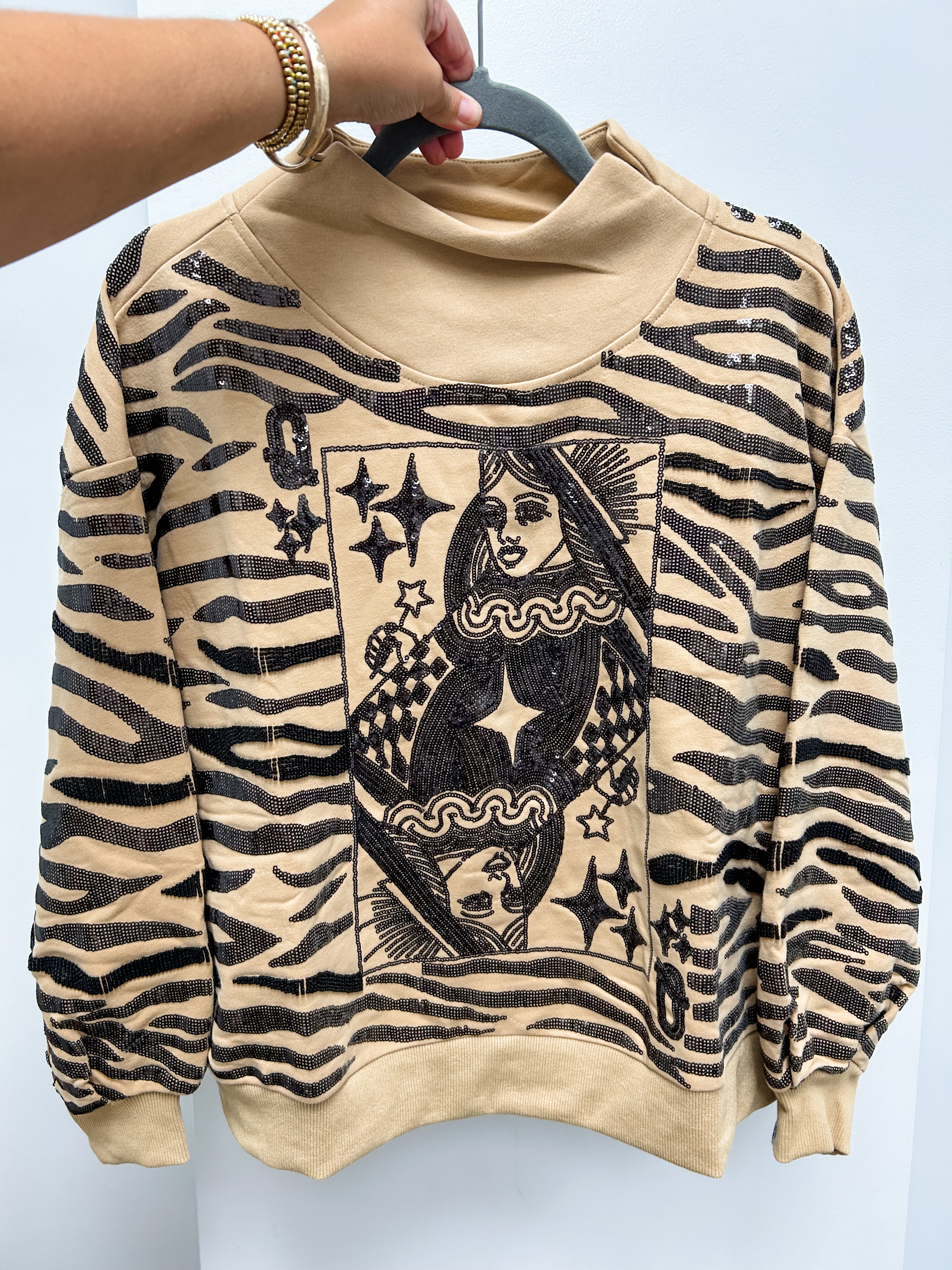 Tan Sequin Tiger Print QOS Card Mock Neck Sweatshirt