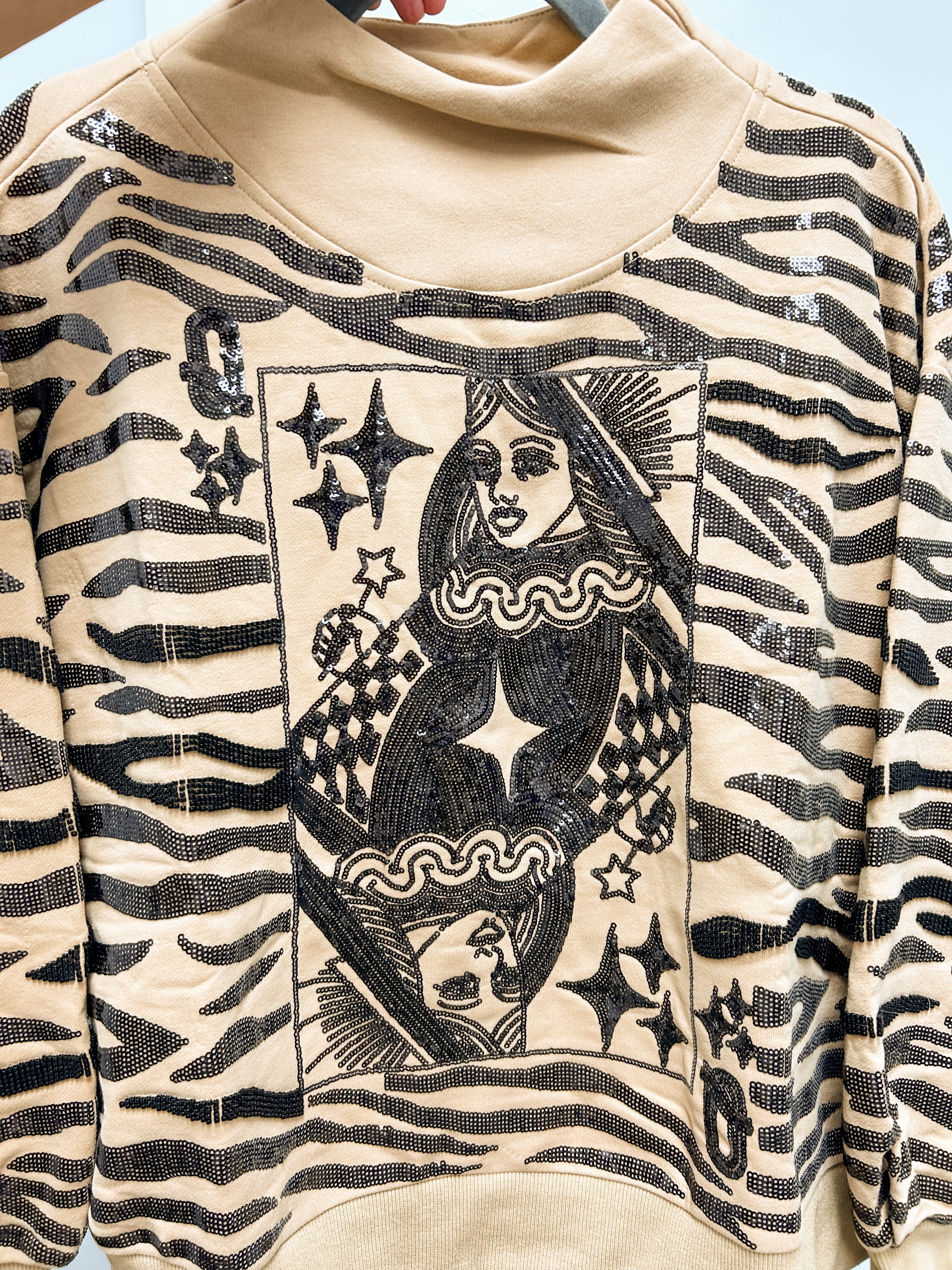 Tan Sequin Tiger Print QOS Card Mock Neck Sweatshirt