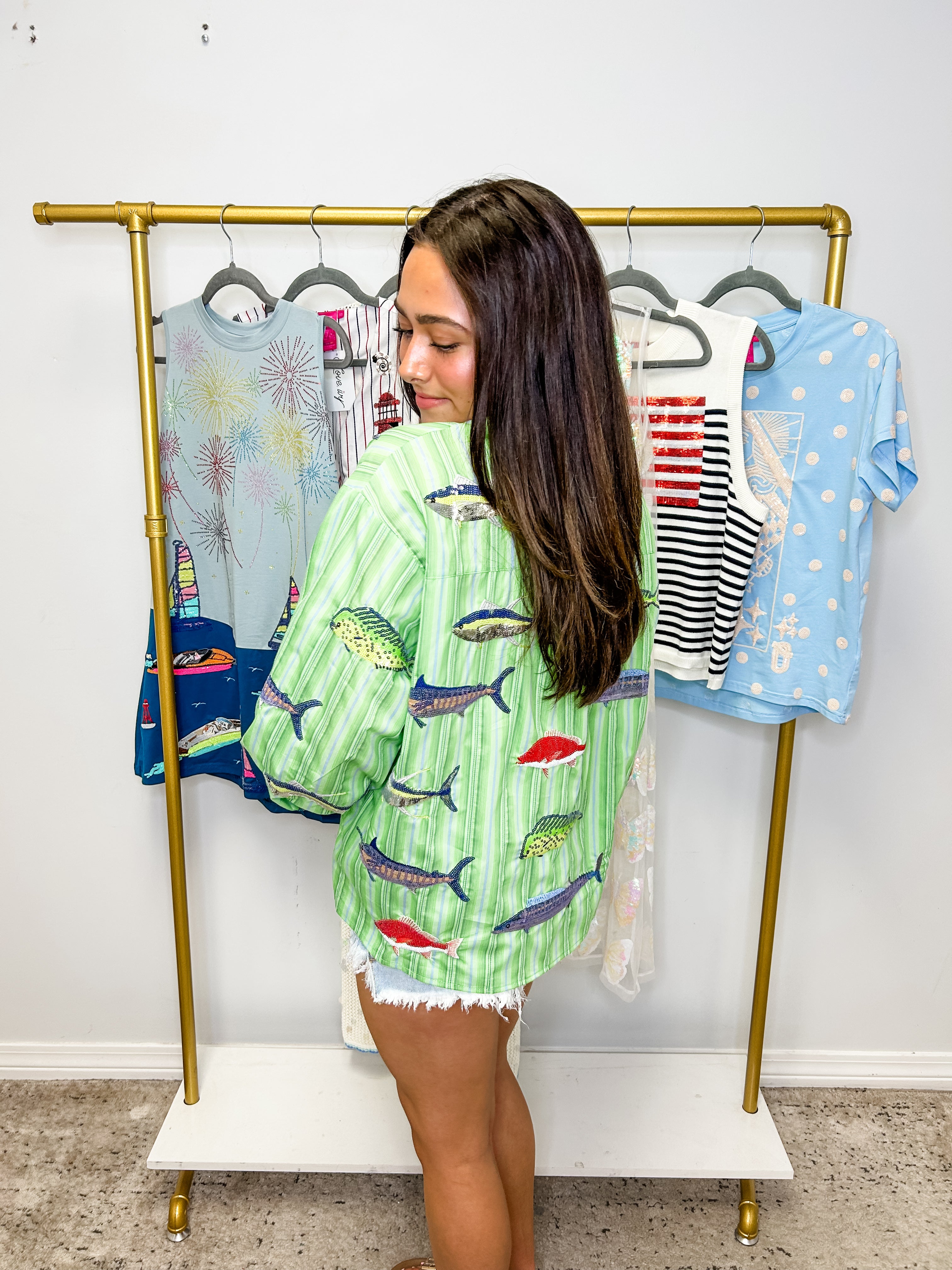 Green Striped Multi Fish Button Up Top