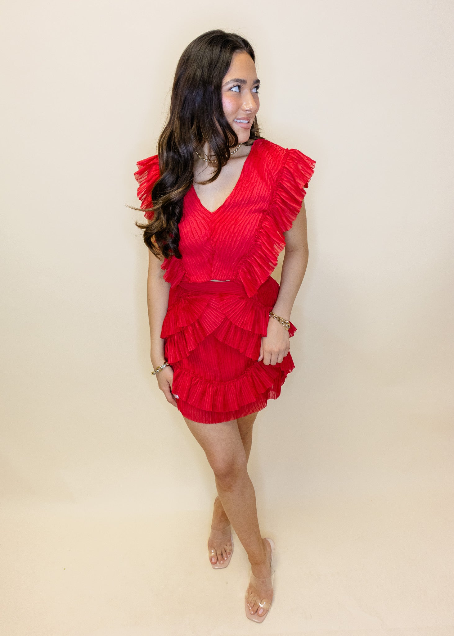 Red Ruffled Cutout Skirt Set