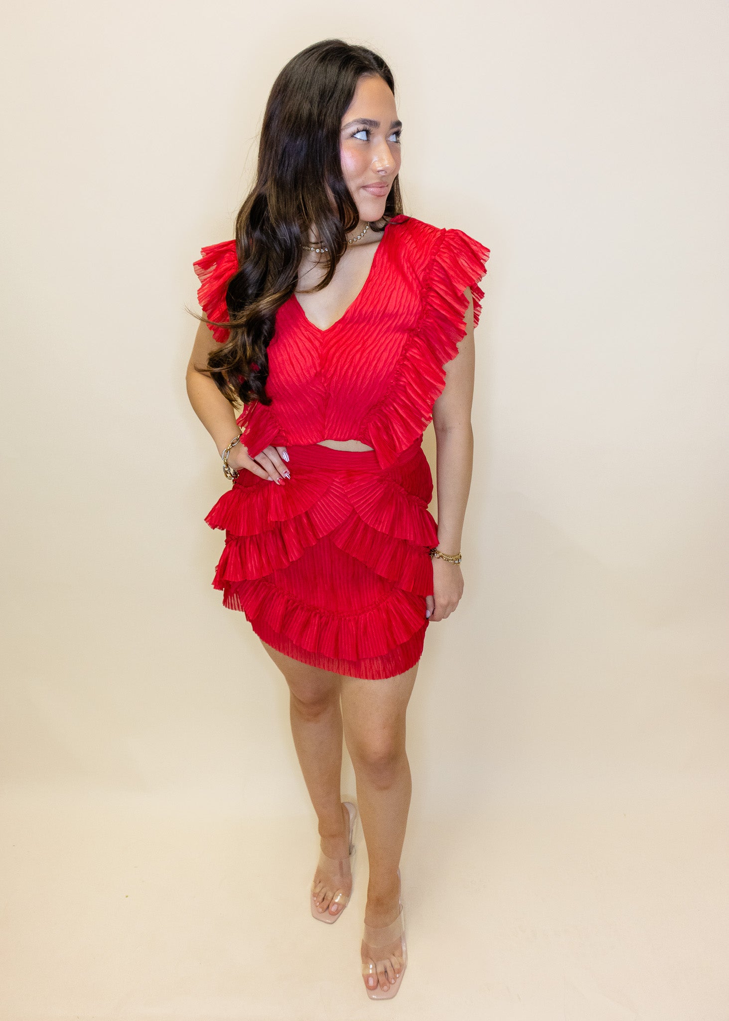 Red Ruffled Cutout Skirt Set