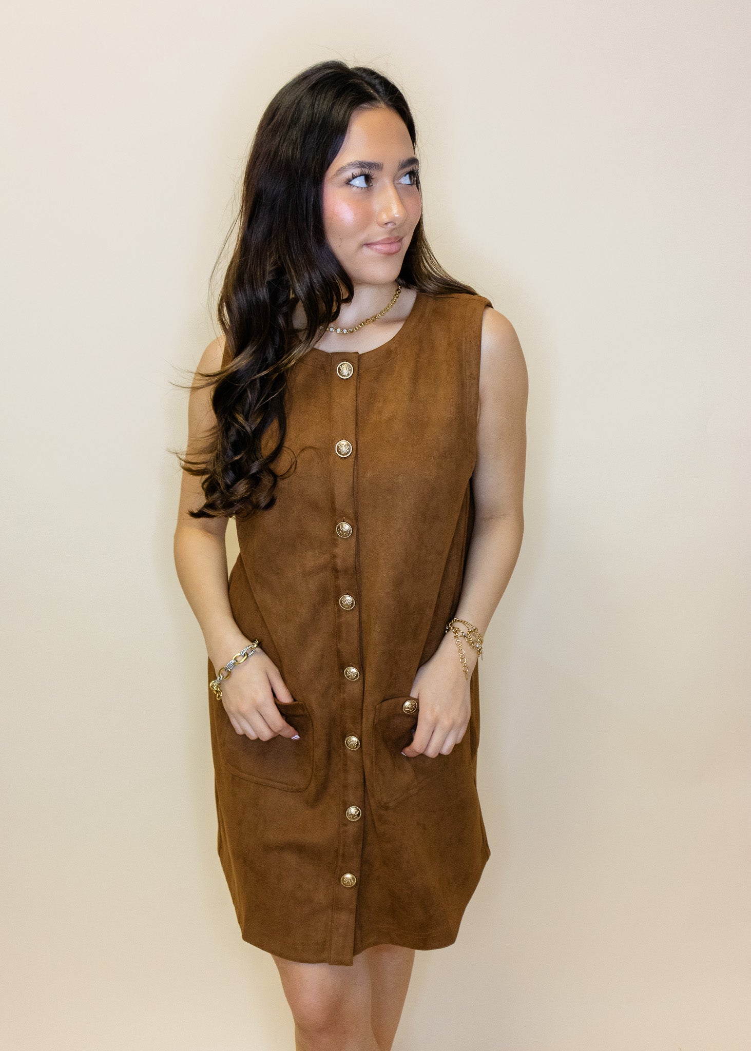 Camel Suede Gold Button Dress