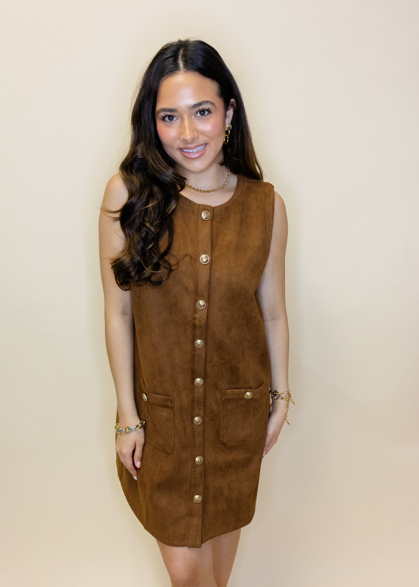 Camel Suede Gold Button Dress