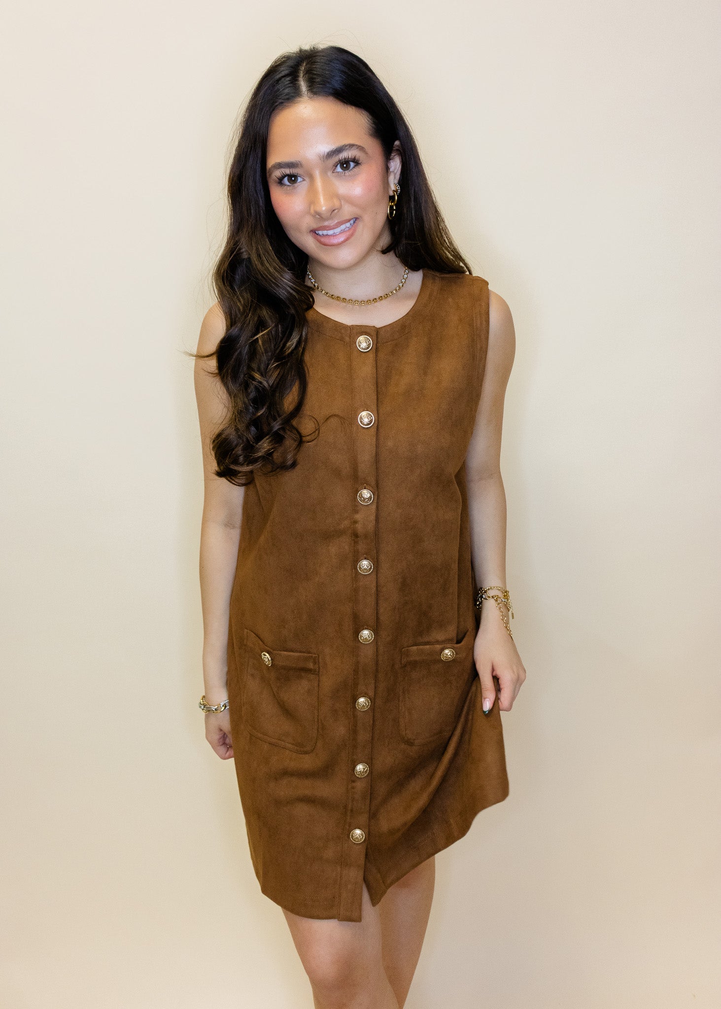 Camel Suede Gold Button Dress