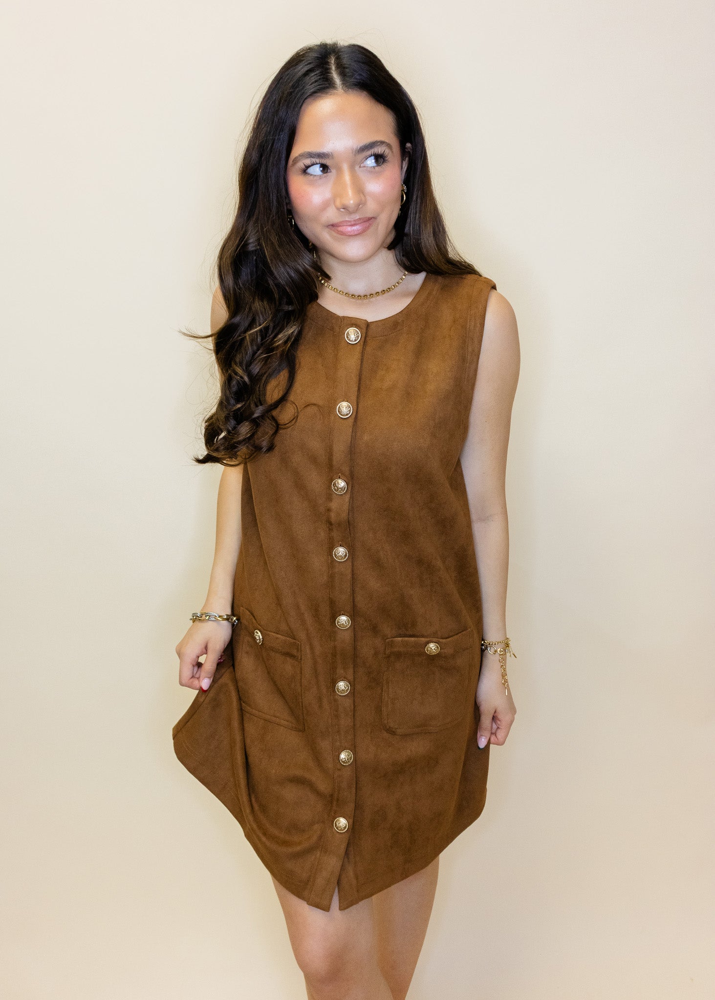 Camel Suede Gold Button Dress