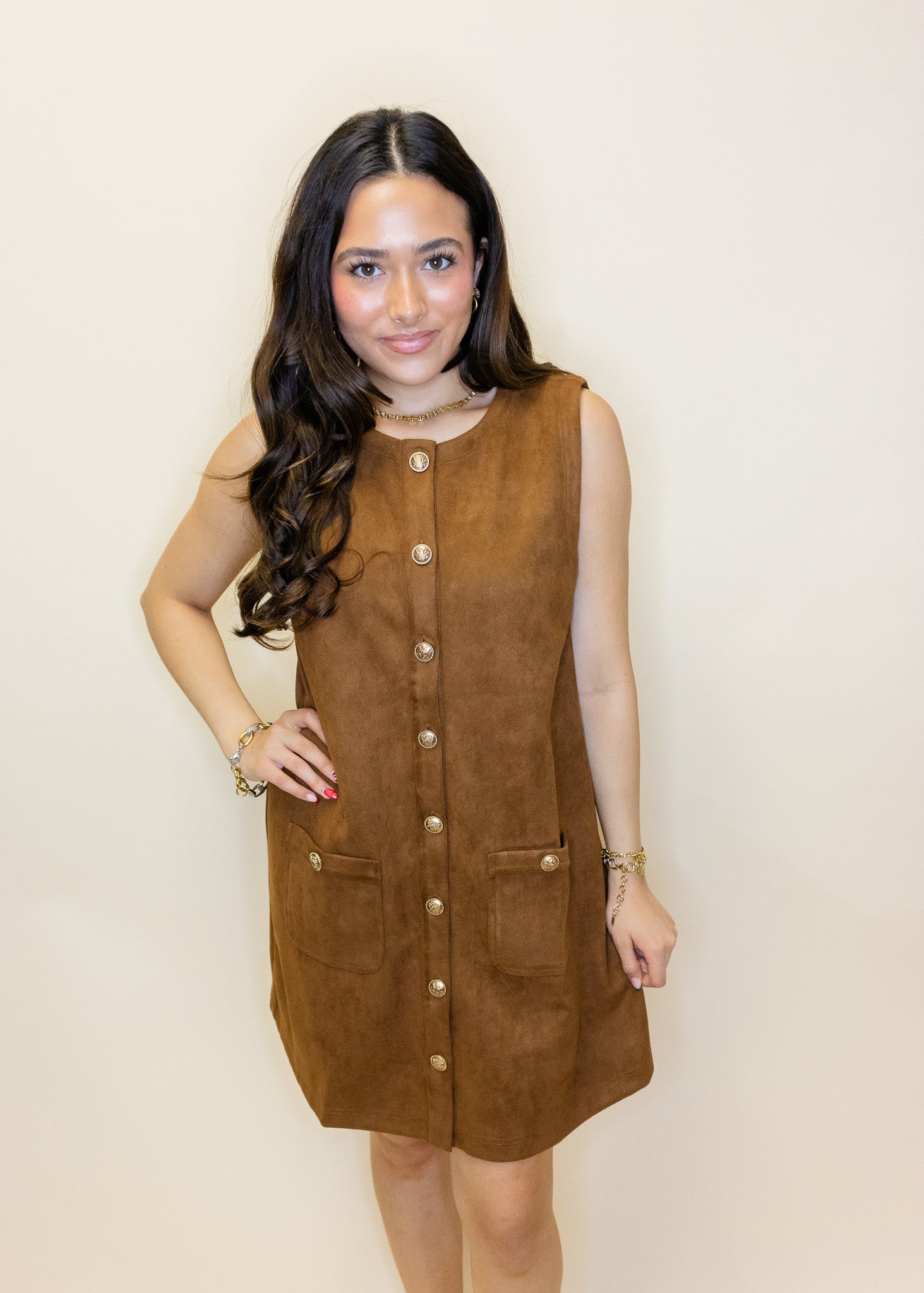 Camel Suede Gold Button Dress
