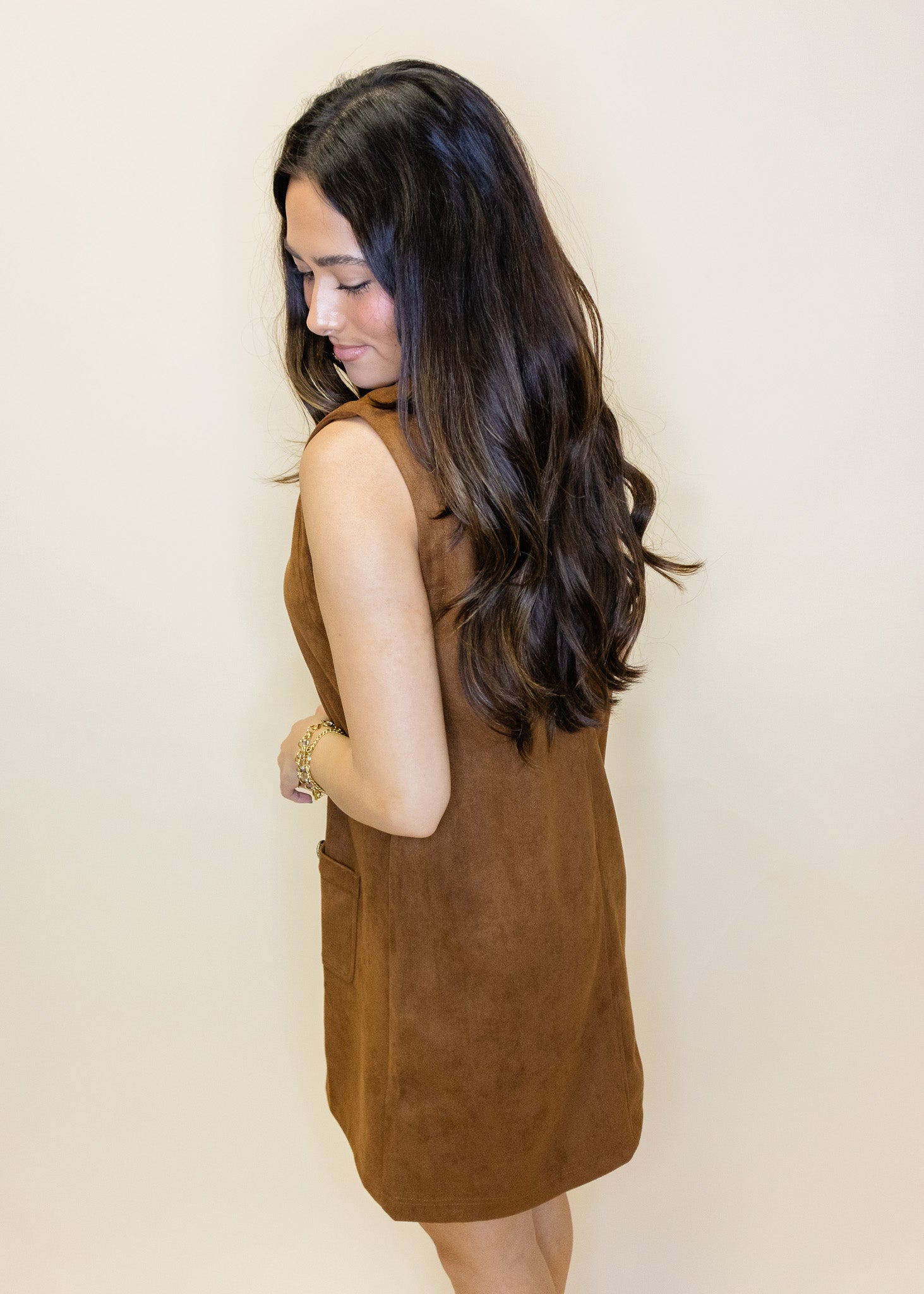 Camel Suede Gold Button Dress
