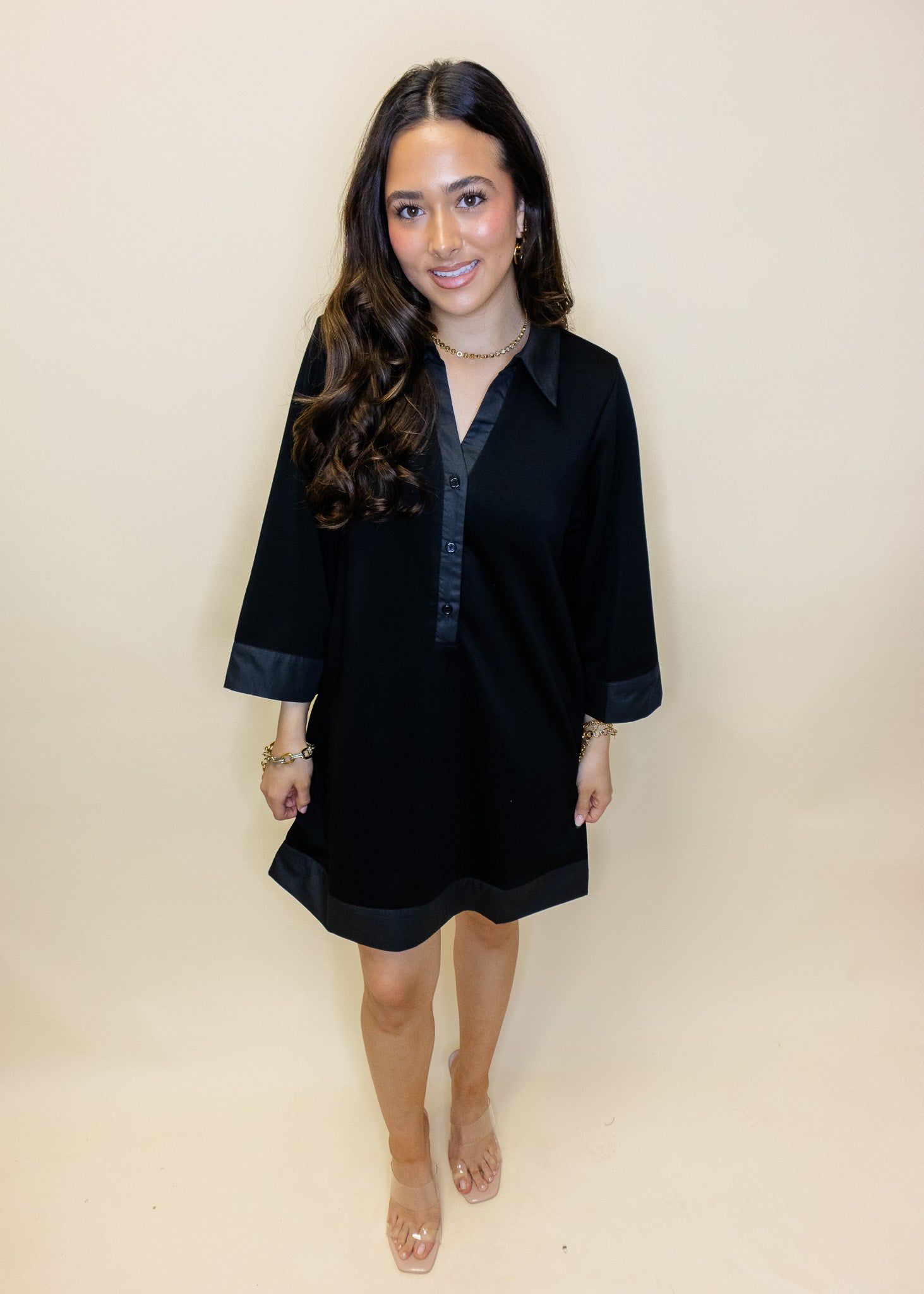 Black Satin Trim Button Dress