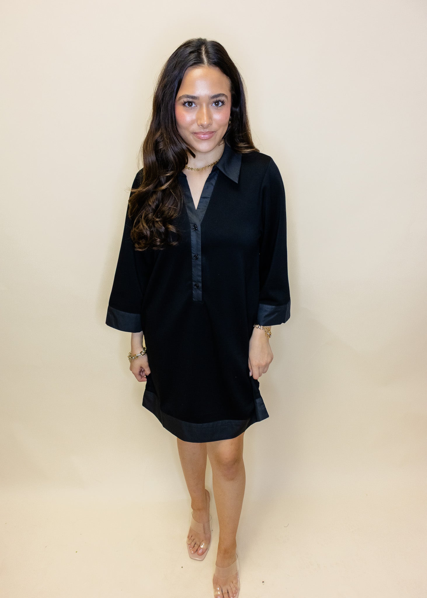 Black Satin Trim Button Dress