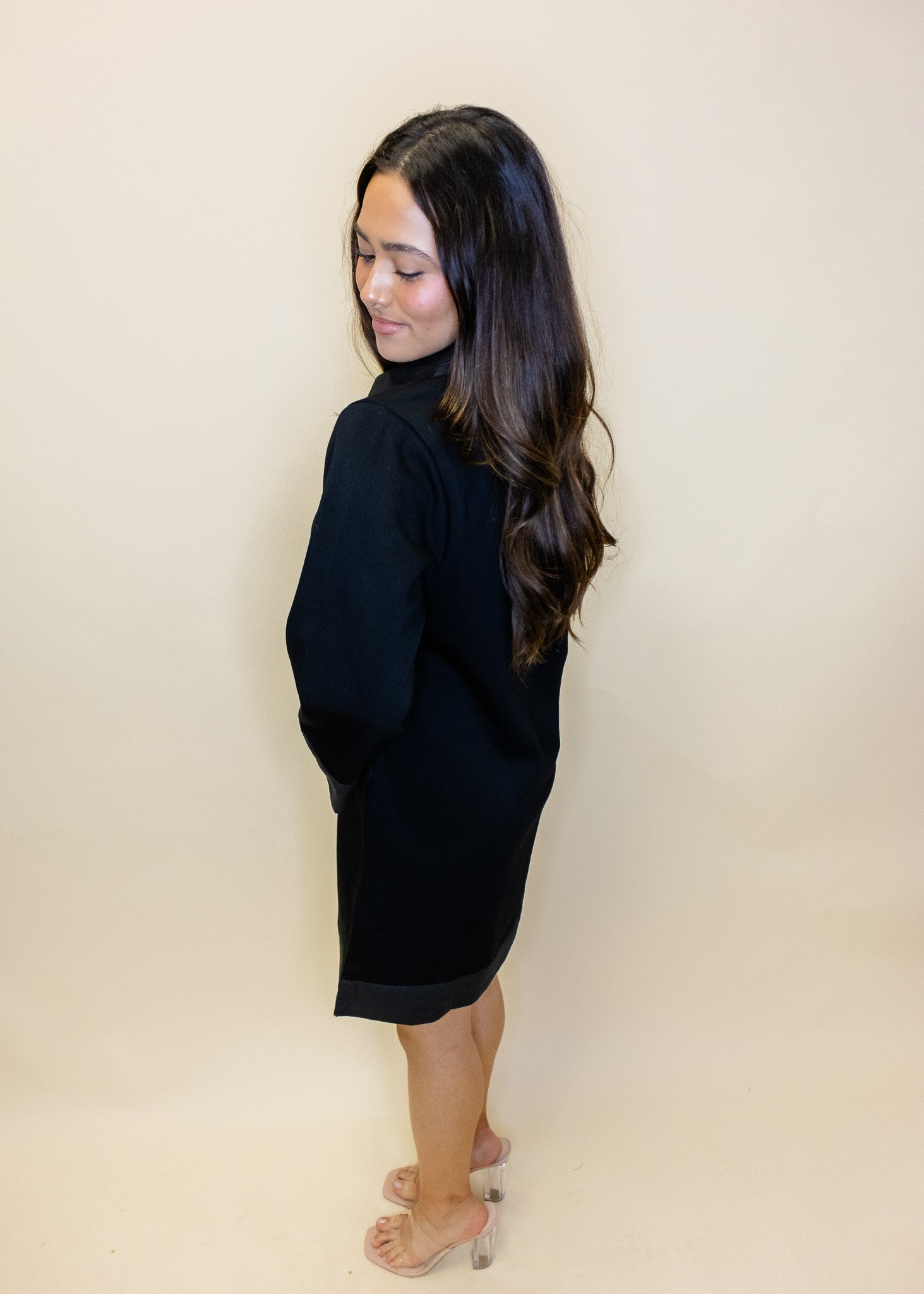 Black Satin Trim Button Dress