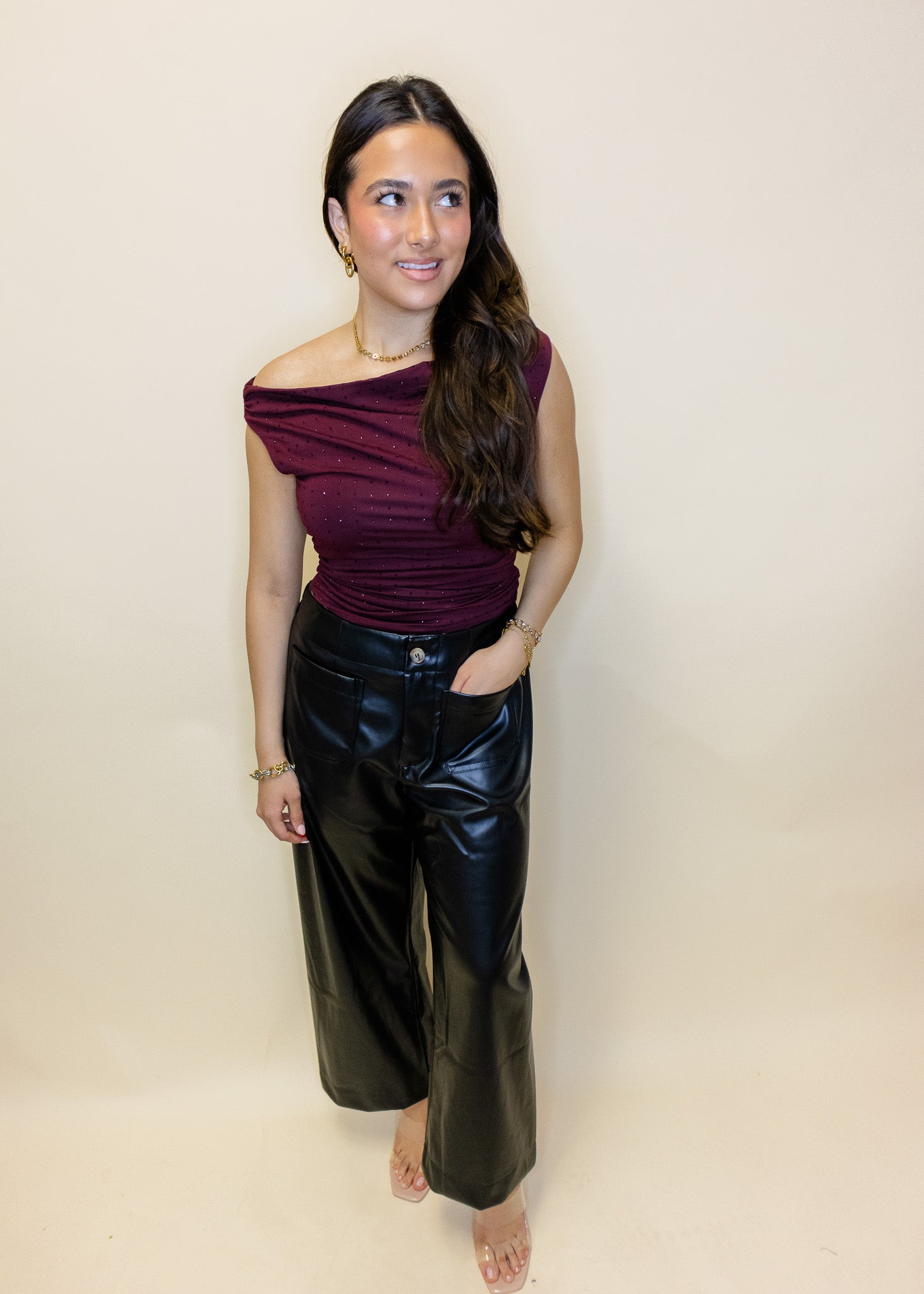 Burgundy Rhinestone Off The Shoulder Top