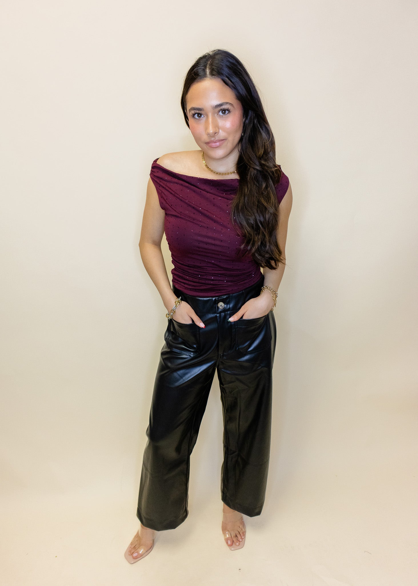 Burgundy Rhinestone Off The Shoulder Top