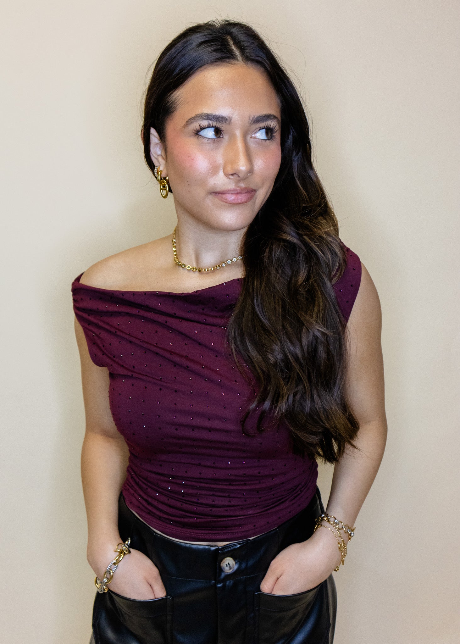 Burgundy Rhinestone Off The Shoulder Top