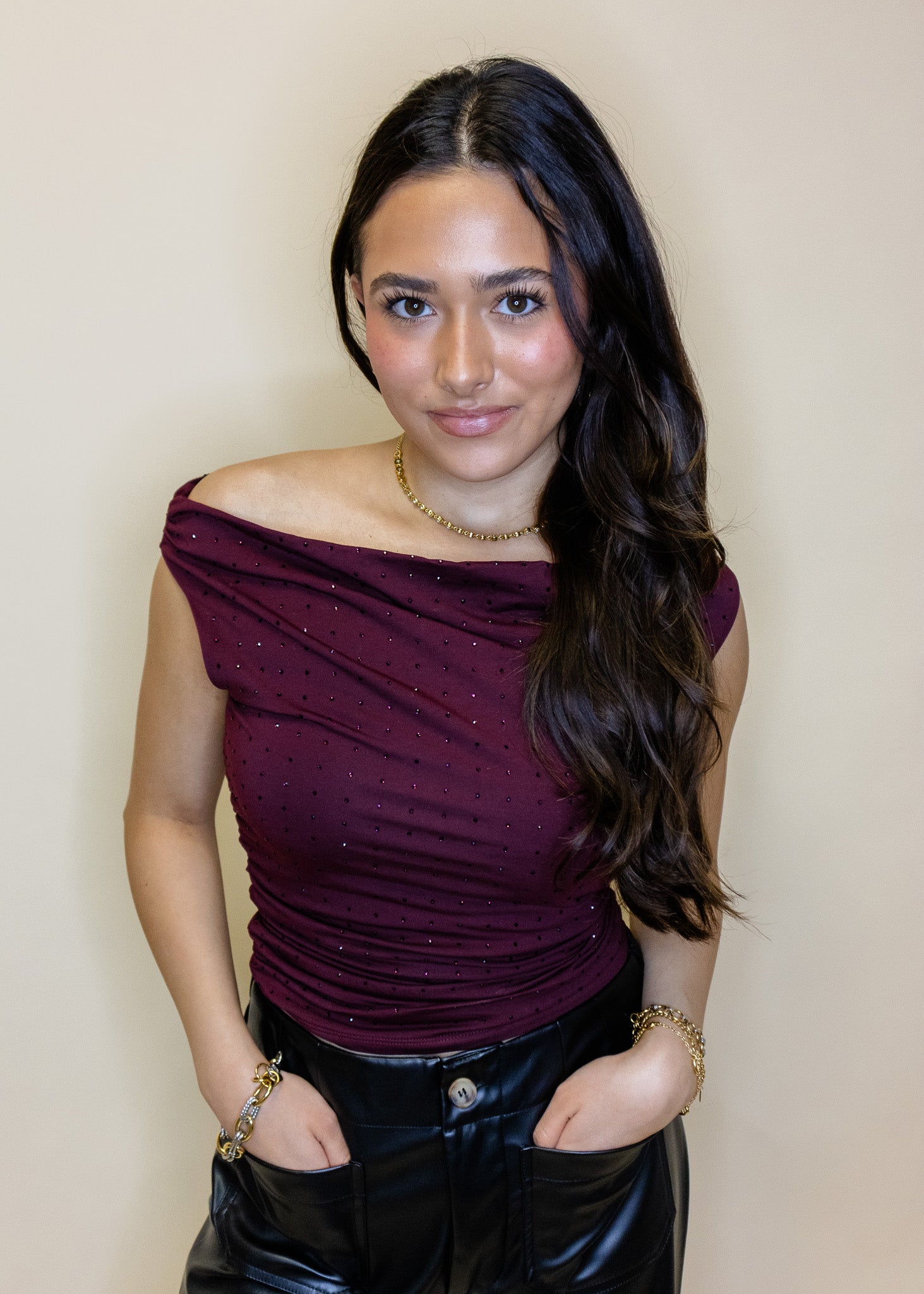Burgundy Rhinestone Off The Shoulder Top