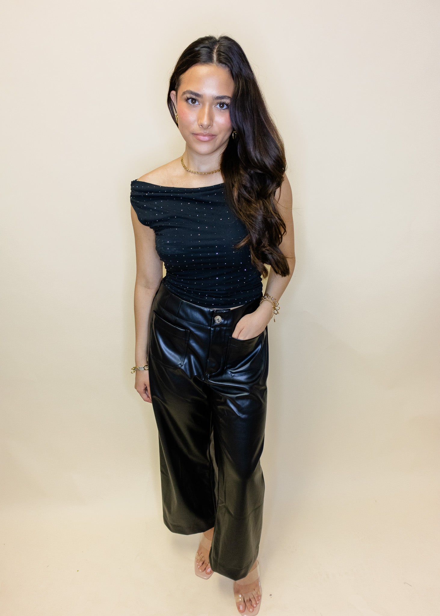 Black Rhinestone Off The Shoulder Top