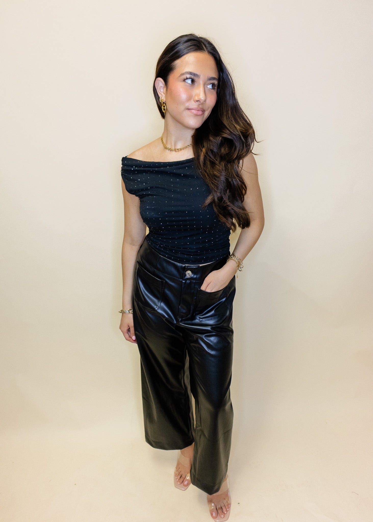 Black Rhinestone Off The Shoulder Top