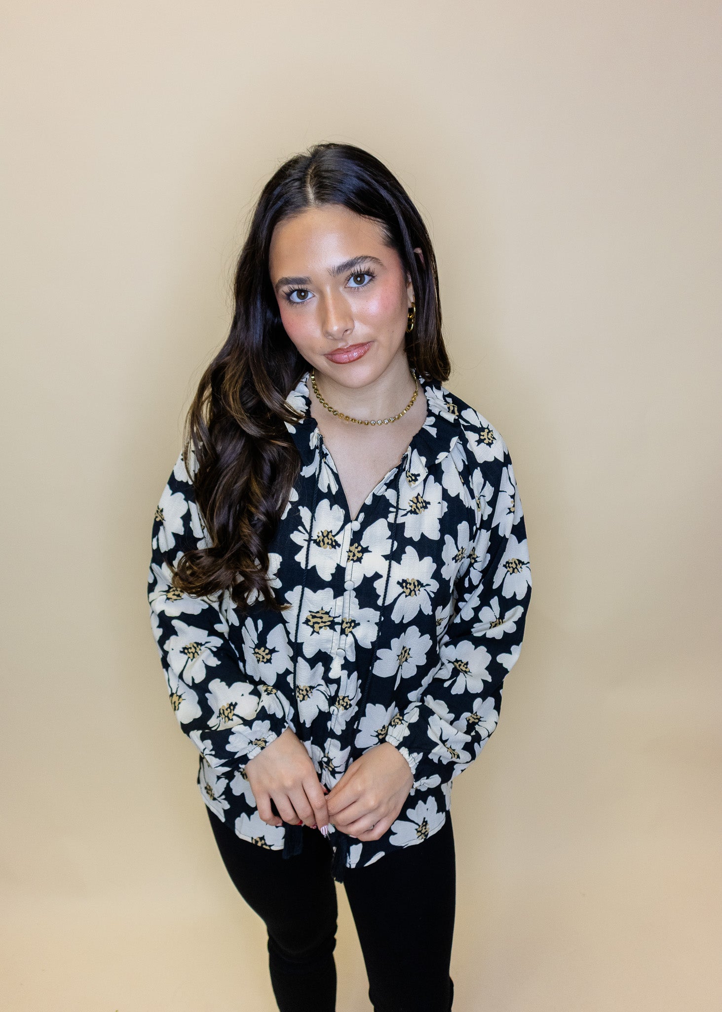Black Floral Button Down Top