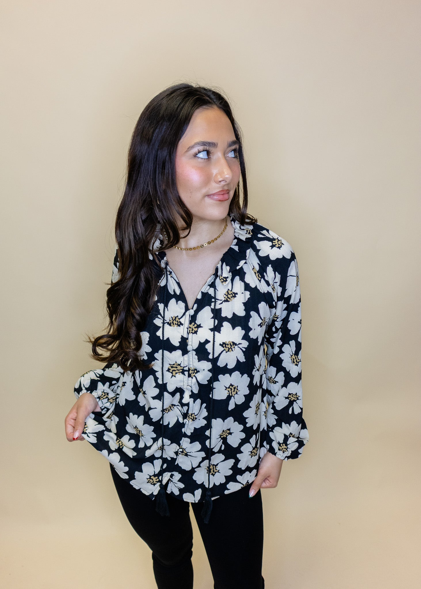 Black Floral Button Down Top