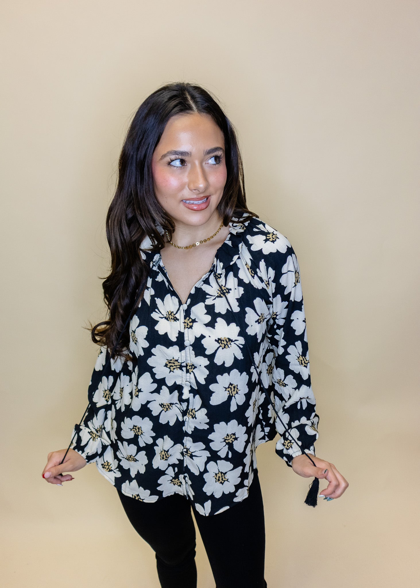 Black Floral Button Down Top