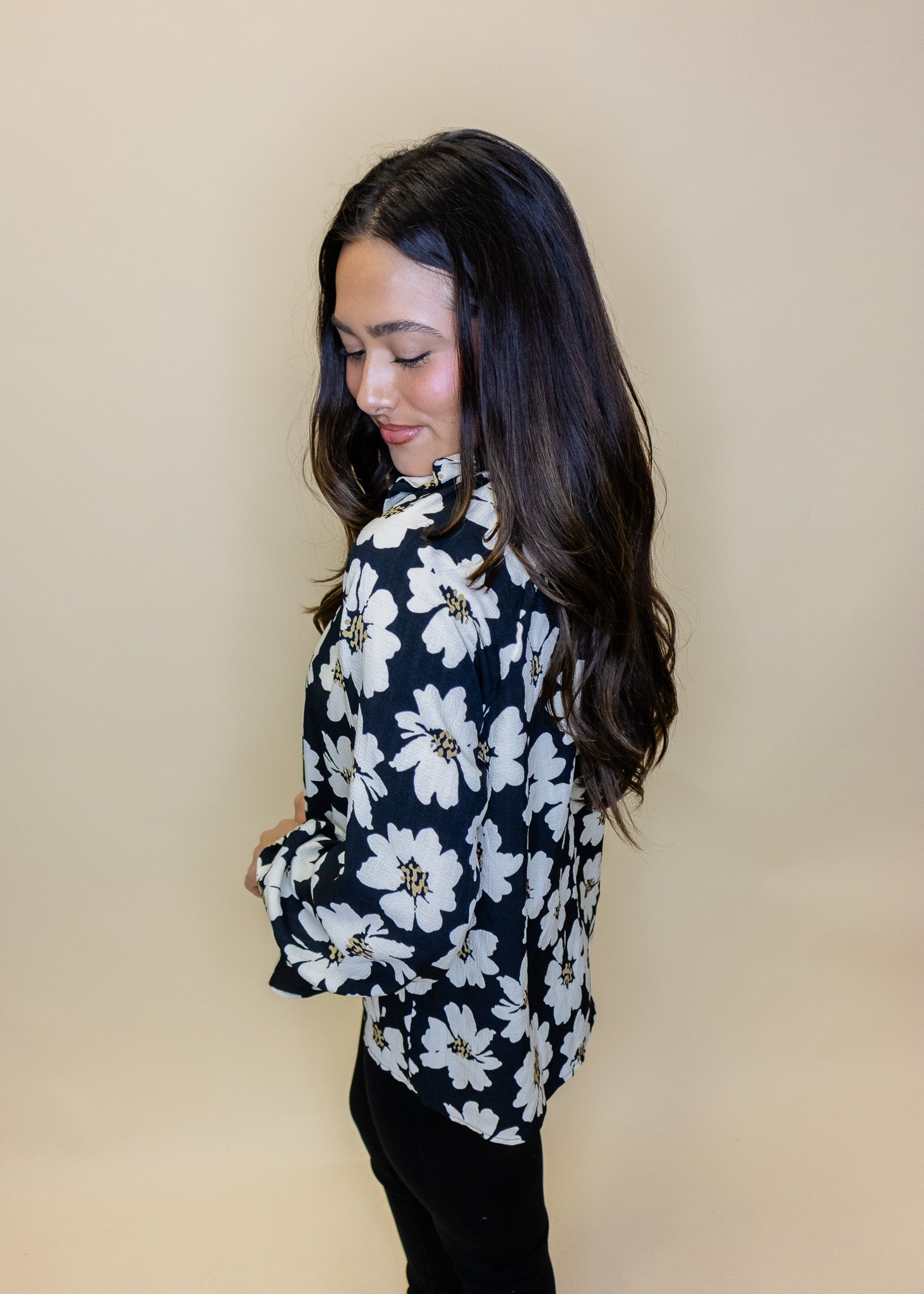 Black Floral Button Down Top