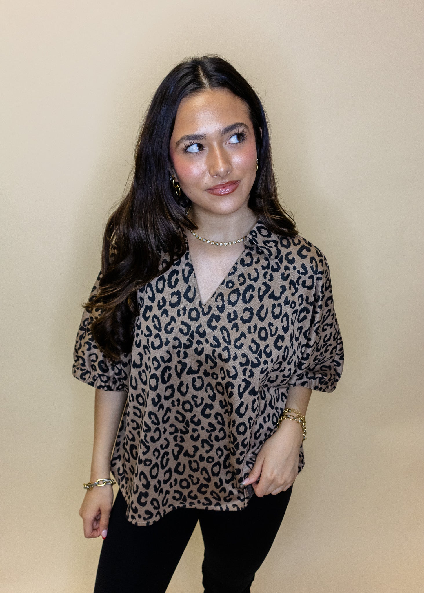 Toffee Leopard Drop Shoulder Top