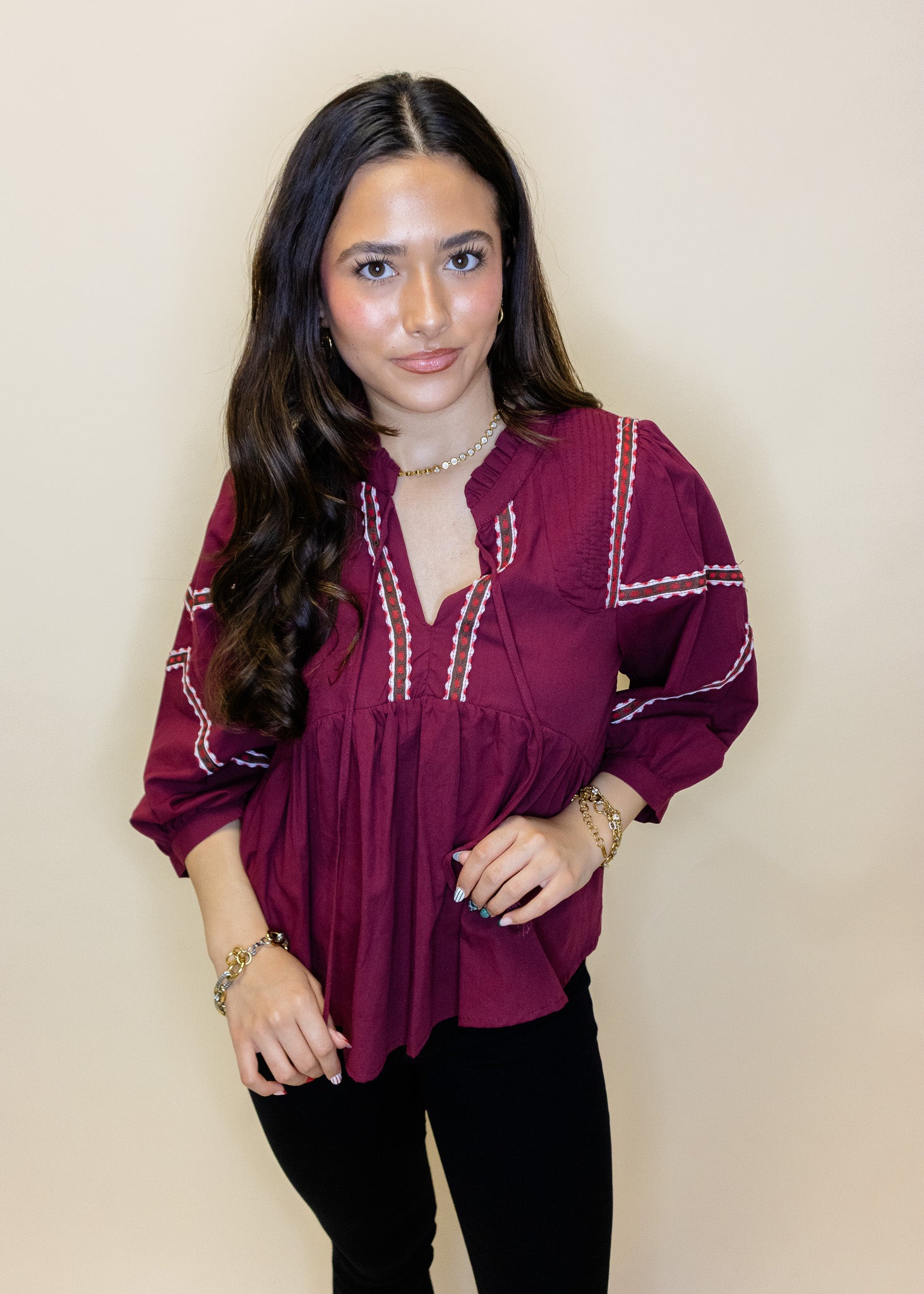 Burgundy Embroidered Trim Top