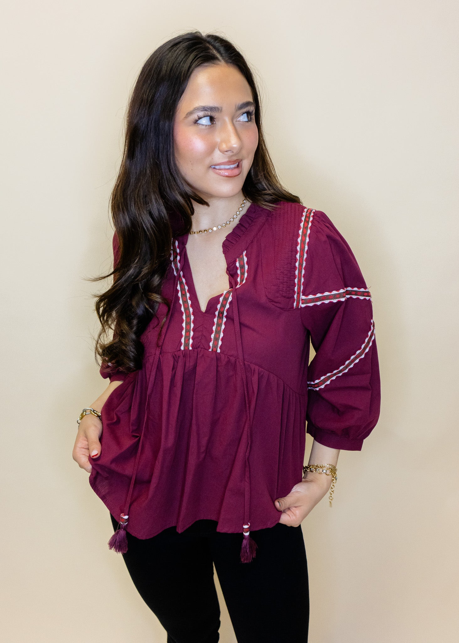 Burgundy Embroidered Trim Top